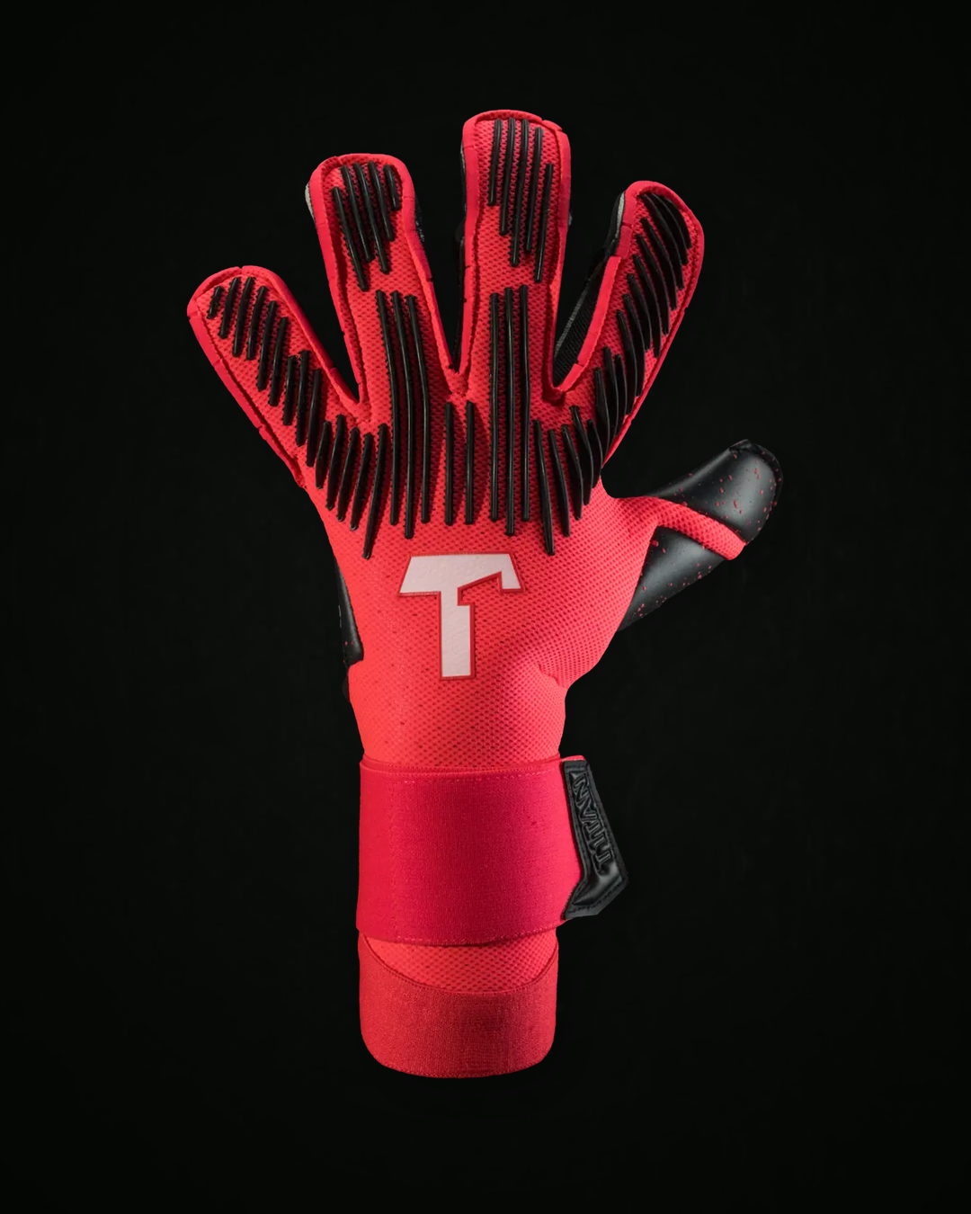 Guante de portero T1TAN Rebel 2.0 Solar Red: dorso rojo con logo T blanco y líneas negras en los dedos
