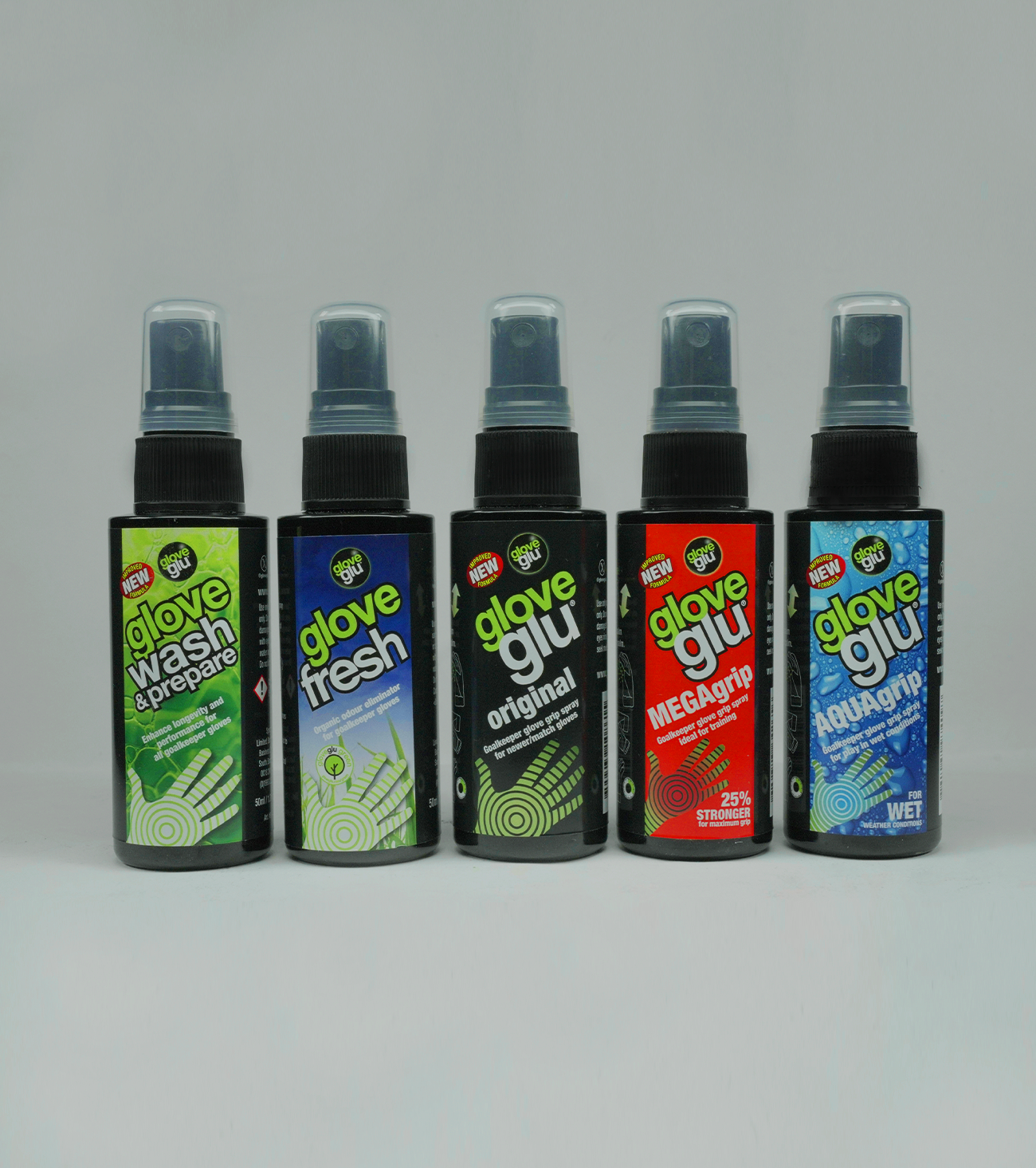 Set GLOVE GLU MINI ESSENTIALS – Incluye 5 aerosoles para lavado, frescura y agarre de guantes. Accesorio esencial para guantes de portero de futbol, ideal para mantener rendimiento y durabilidad. Disponible en UnoKeeper.