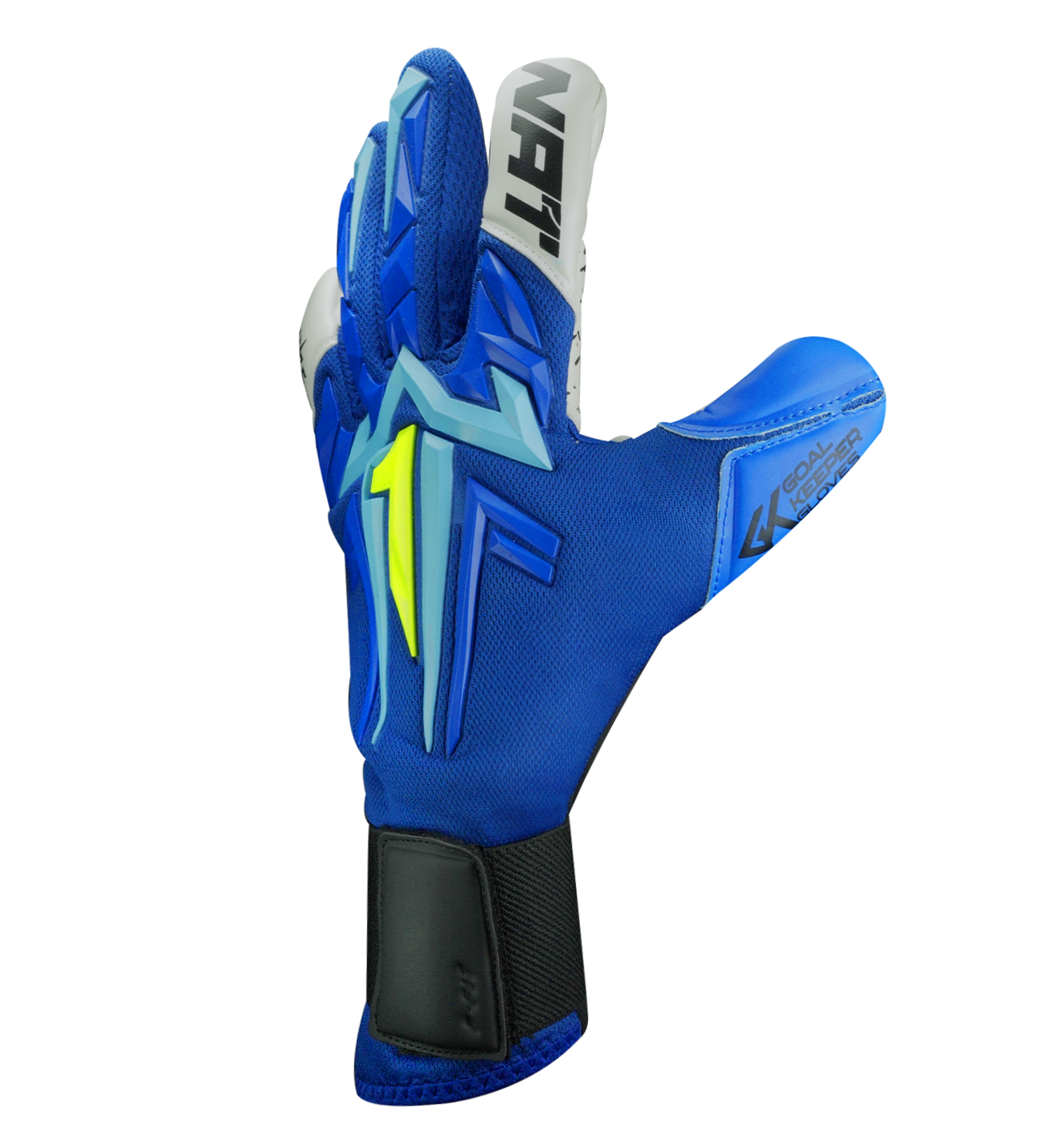 Guantes de portero Aries X PRIME Blue, con palma AXG® de látex alemán, corte Arrow Cut ergonómico, dorso con protección avanzada y cierre de muñeca de doble anclaje. Guantes de portero de futbol de alto rendimiento. Disponibles en UnoKeeper.