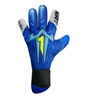 Guantes de portero Aries X PRIME Blue, con palma AXG® de látex alemán, corte Arrow Cut ergonómico, dorso con protección avanzada y cierre de muñeca de doble anclaje. Guantes de portero de futbol de alto rendimiento. Disponibles en UnoKeeper.