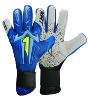 Guantes de portero Aries X PRIME Blue, con palma AXG® de látex alemán, corte Arrow Cut ergonómico, dorso con protección avanzada y cierre de muñeca de doble anclaje. Guantes de portero de futbol de alto rendimiento. Disponibles en UnoKeeper.