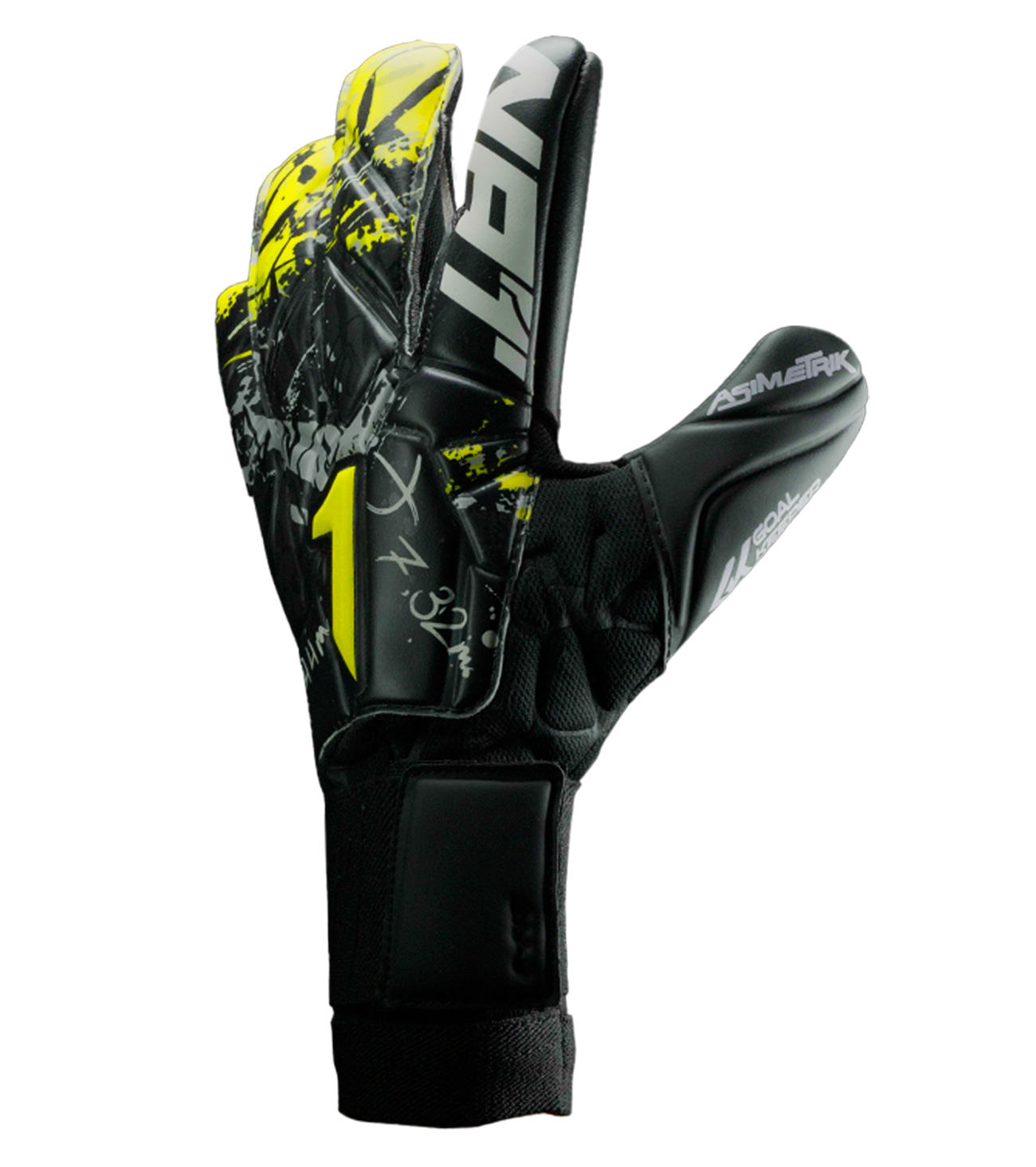 Guantes de portero Asimetrik Prime en negro, amarillo y plata, con palma Súper Softy XP de última generación para agarre sobresaliente, corte Hyper Cut que combina Rollfinger y diseño ergonómico para mayor superficie de contacto, dorso de látex sintético con malla transpirable y cierre elástico con cintillo firme. Guantes de portero de futbol semi profesionales, ideales para entrenamientos intensos y partidos de alto nivel en césped natural y todo tipo de clima. Disponibles en UnoKeeper.