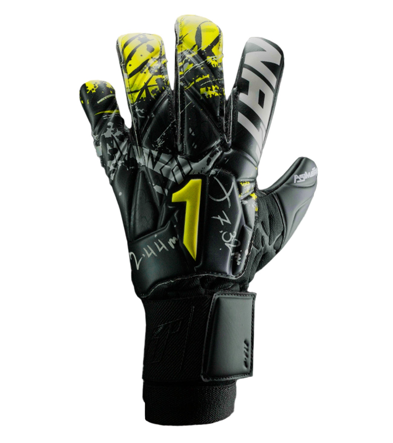 Guantes de portero Asimetrik Prime en negro, amarillo y plata, con palma Súper Softy XP de última generación para agarre sobresaliente, corte Hyper Cut que combina Rollfinger y diseño ergonómico para mayor superficie de contacto, dorso de látex sintético con malla transpirable y cierre elástico con cintillo firme. Guantes de portero de futbol semi profesionales, ideales para entrenamientos intensos y partidos de alto nivel en césped natural y todo tipo de clima. Disponibles en UnoKeeper.