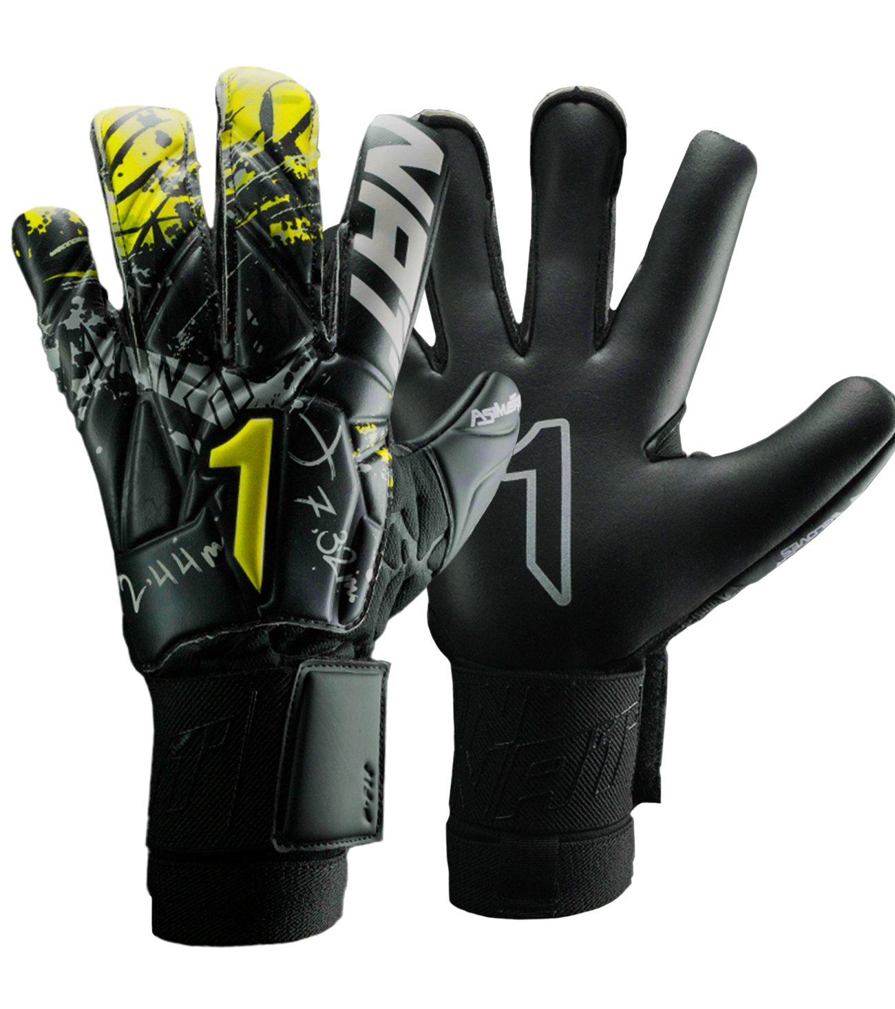 Guantes de portero Asimetrik Prime en negro, amarillo y plata, con palma Súper Softy XP de última generación para agarre sobresaliente, corte Hyper Cut que combina Rollfinger y diseño ergonómico para mayor superficie de contacto, dorso de látex sintético con malla transpirable y cierre elástico con cintillo firme. Guantes de portero de futbol semi profesionales, ideales para entrenamientos intensos y partidos de alto nivel en césped natural y todo tipo de clima. Disponibles en UnoKeeper.
