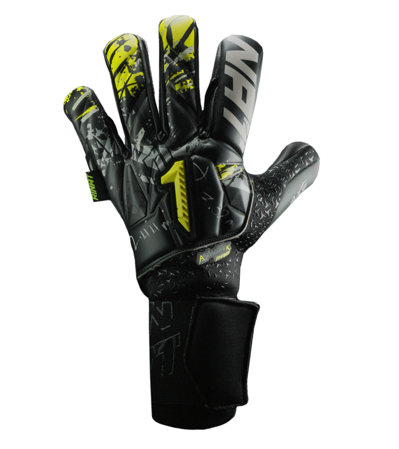 Guantes de portero Rinat Asimetrik Pro Negro Amarillo profesional con látex alemán AXG®, corte Arrow Cut y construcción 360° latex que brinda agarre extremo, protección y ajuste ergonómico. Ideales para porteros que buscan máximo rendimiento, control del balón y desempeño superior en cualquier condición de juego.