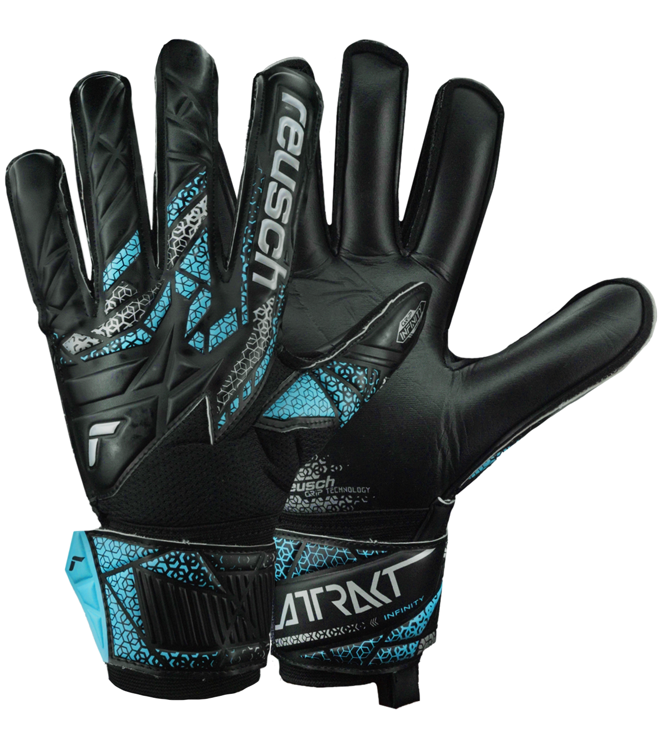 Guantes de portero Reusch Attrakt Infinity Finger Support, con palma de látex Reusch Grip Infinity, corte Expanse Cut y dorso con micro mesh y Punch Foam. Incluyen varillas Finger Support para protección de los dedos y puño elástico con correa para ajuste seguro. Ideales para césped artificial y superficies duras. Disponibles en UnoKeeper.