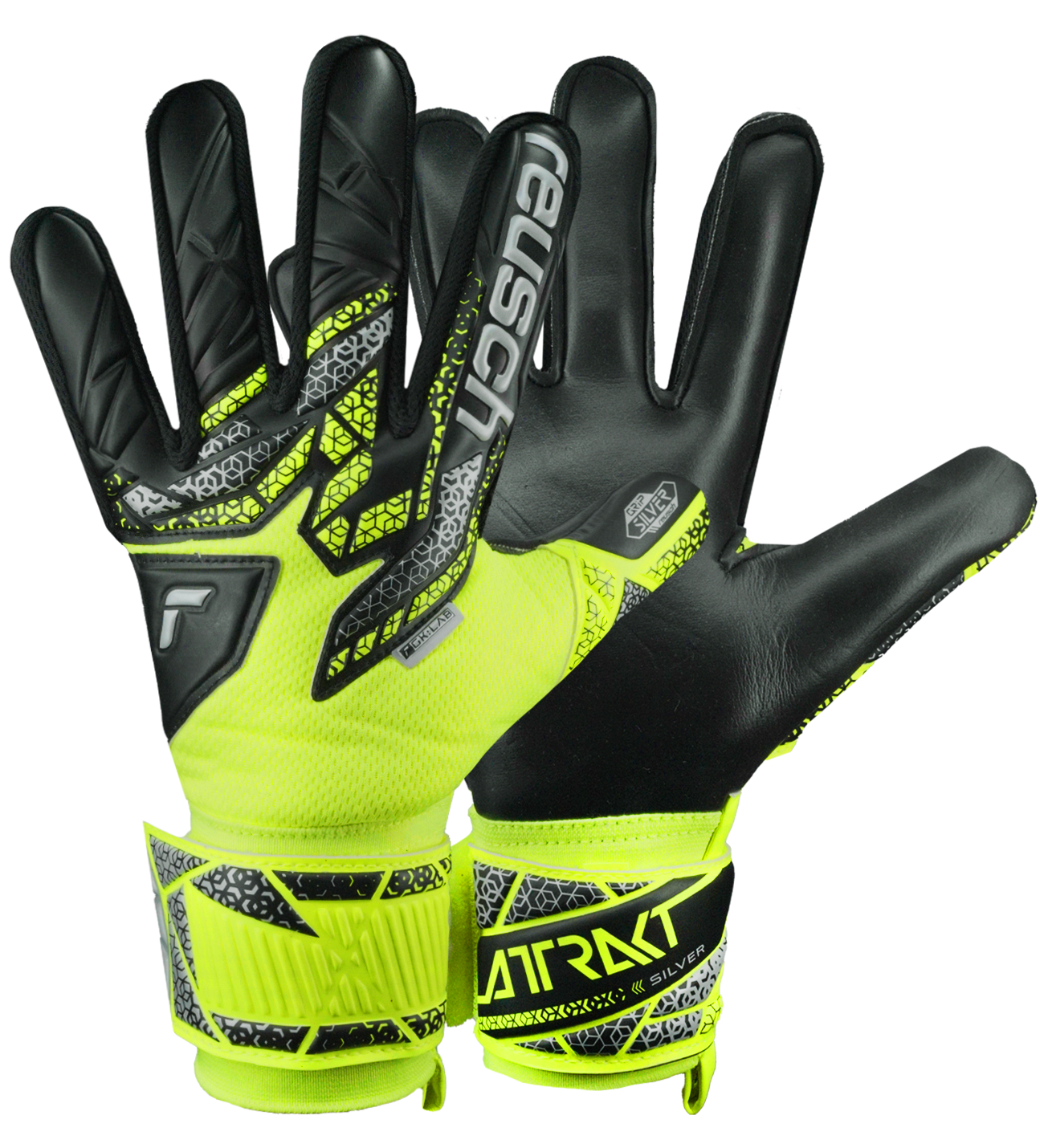 Attrakt Silver Yellow Black Guantes de portero con rendimiento avanzado y diseño impactante