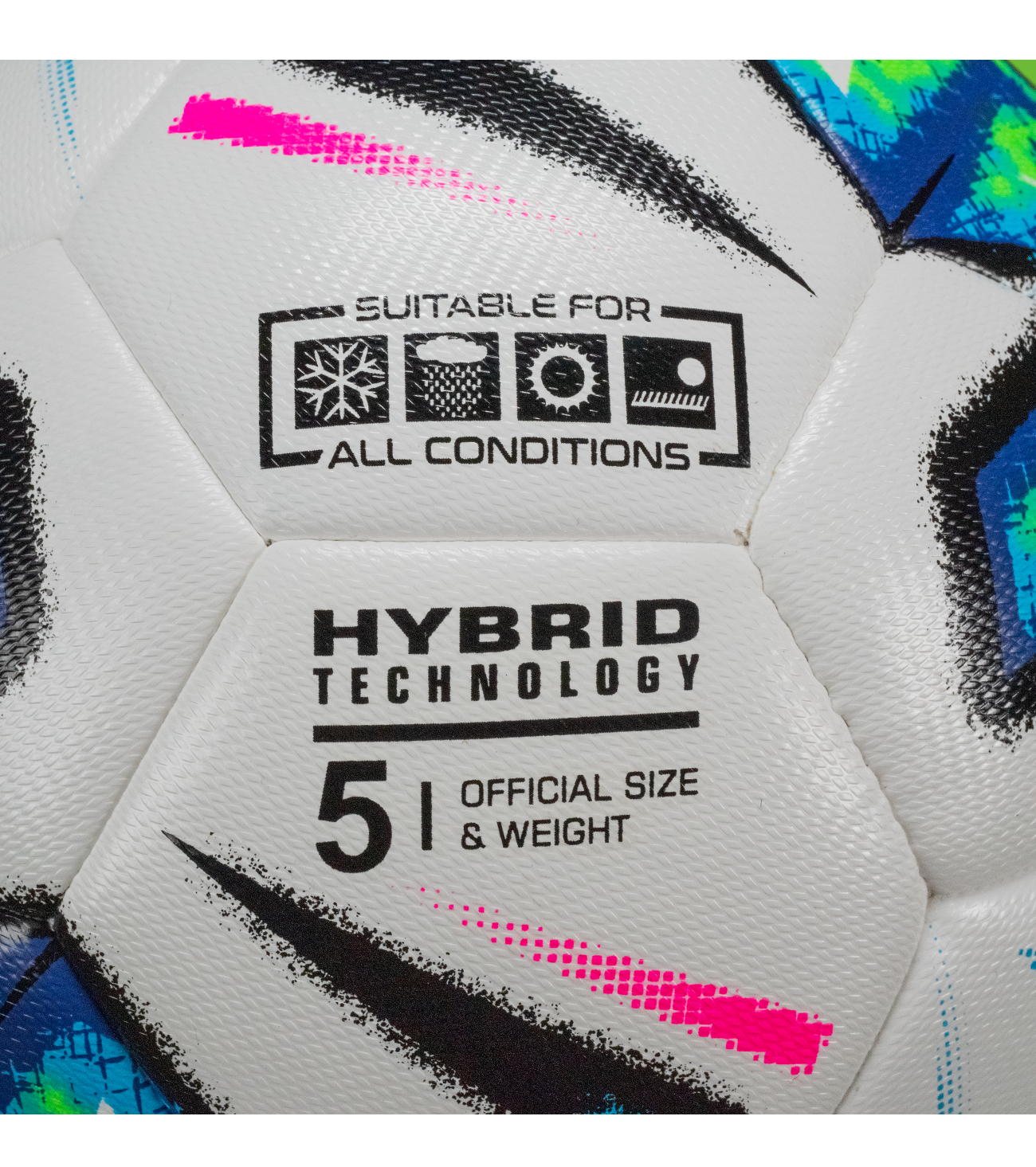 Balón de fútbol Rinat Nebus Hybrid blanco azul, número 5, híbrido termosellado de 32 paneles, cubierta PU texturizada, vuelo preciso y bote uniforme, ideal para entrenamiento y competencia.