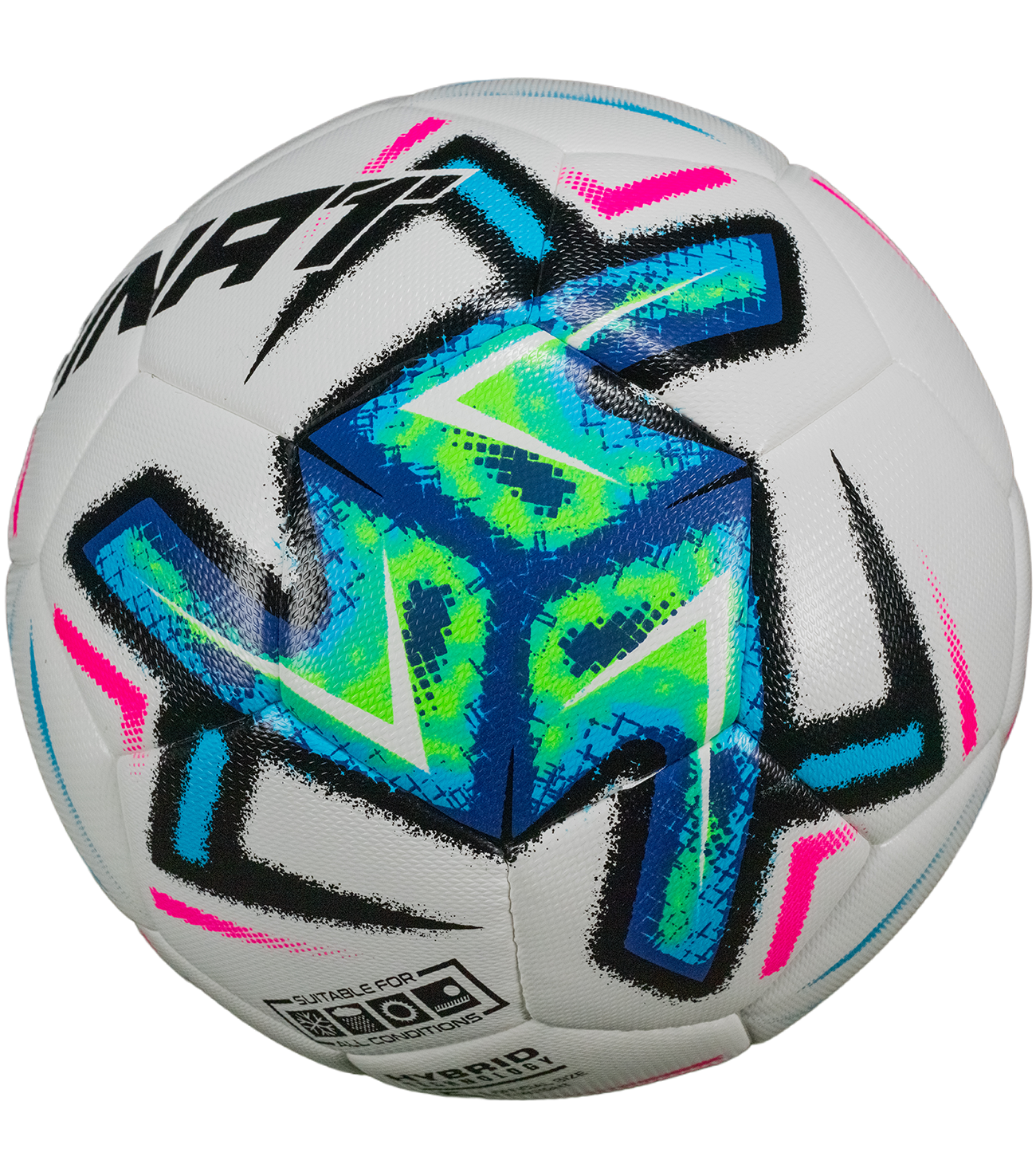 Balón de fútbol Rinat Nebus Hybrid blanco azul, número 5, híbrido termosellado de 32 paneles, cubierta PU texturizada, vuelo preciso y bote uniforme, ideal para entrenamiento y competencia.
