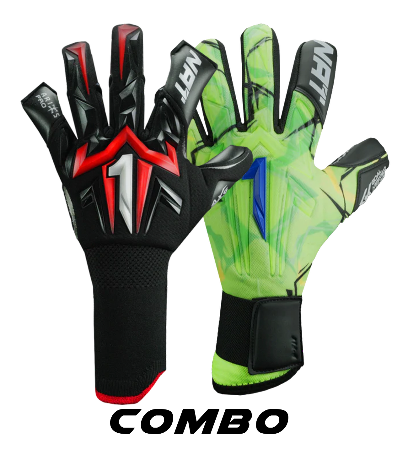 Combo guantes de portero Aries Pro + Aries Semi SGR para fútbol competitivo y entrenamiento intensivo; guantes de arquero con agarre avanzado, palma de alto rendimiento y gran resistencia al desgaste. Combinación ideal entre guante de partido y guante de entrenamiento, ajuste ergonómico, control de balón y estabilidad en la muñeca. Mayor durabilidad, ahorro inteligente y rendimiento constante en césped natural, sintético y superficies exigentes.