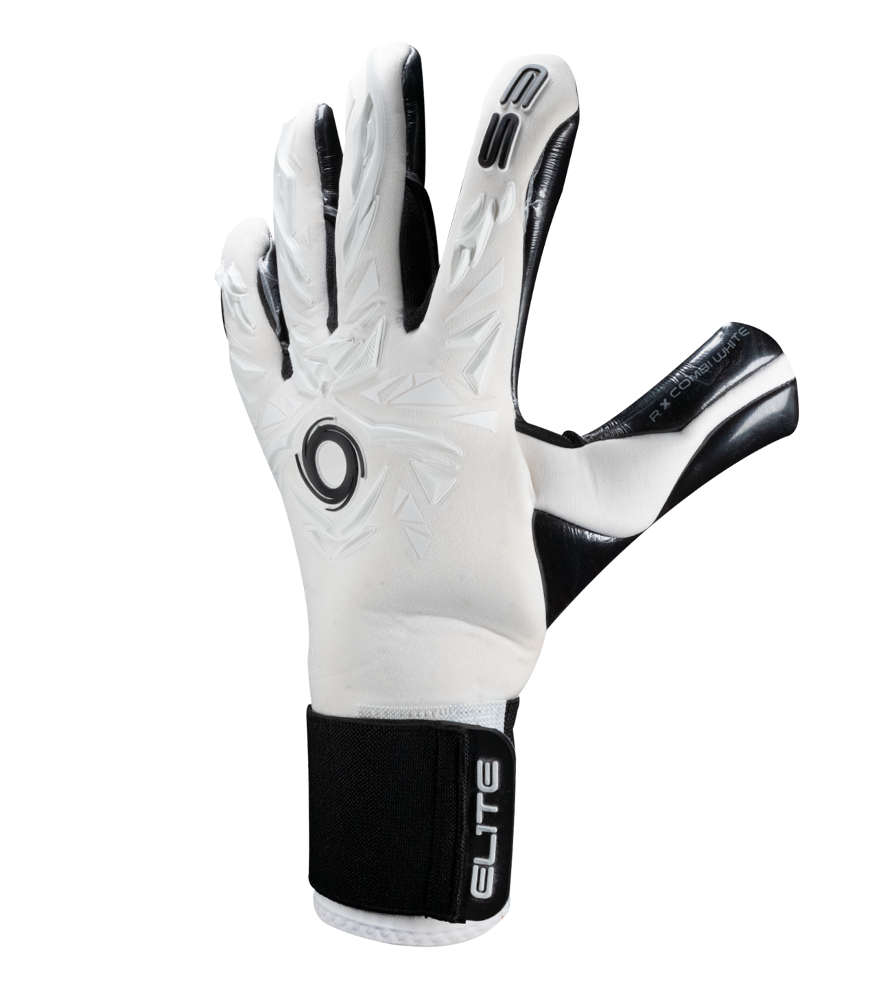 Guantes de portero Elite Sport Revolution X Combi Black en blanco y negro, con palma Ultra GTech Pro de látex alemán de 4 mm, corte Flash X negativo envolvente en dedos clave, dorso rediseñado con goma protectora y textil ventilado, y cierre elástico ajustable. Guantes de portero de futbol profesionales usados por figuras como Thibaut Courtois y Nahuel Guzmán, ideales para condiciones húmedas, césped natural y sintético. Disponibles en UnoKeeper, especialistas en guantes de portero de futbol.