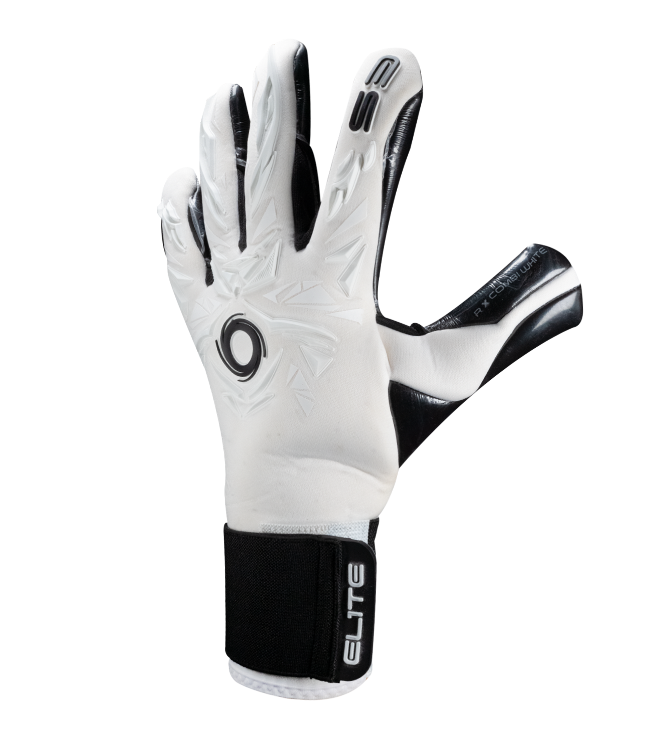Guantes de portero Elite Sport Revolution X Combi Black en blanco y negro, con palma Ultra GTech Pro de látex alemán de 4 mm, corte Flash X negativo envolvente en dedos clave, dorso rediseñado con goma protectora y textil ventilado, y cierre elástico ajustable. Guantes de portero de futbol profesionales usados por figuras como Thibaut Courtois y Nahuel Guzmán, ideales para condiciones húmedas, césped natural y sintético. Disponibles en UnoKeeper, especialistas en guantes de portero de futbol.