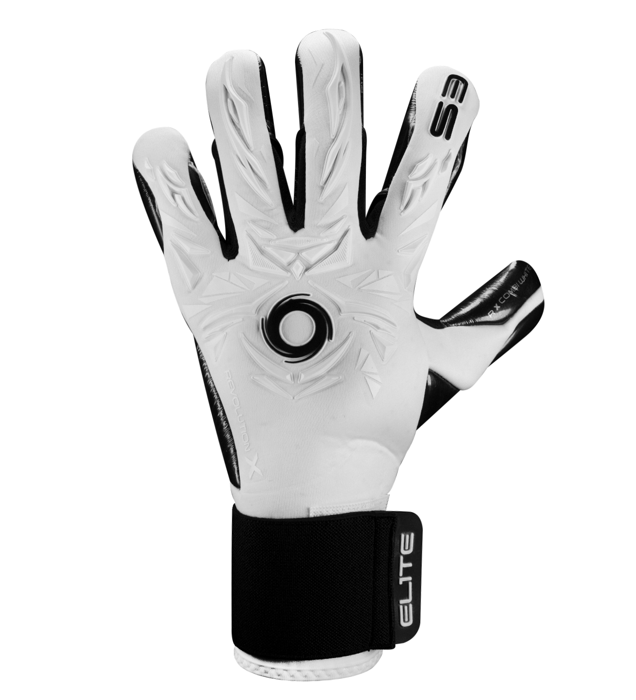 Guantes de portero Elite Sport Revolution X Combi Black en blanco y negro, con palma Ultra GTech Pro de látex alemán de 4 mm, corte Flash X negativo envolvente en dedos clave, dorso rediseñado con goma protectora y textil ventilado, y cierre elástico ajustable. Guantes de portero de futbol profesionales usados por figuras como Thibaut Courtois y Nahuel Guzmán, ideales para condiciones húmedas, césped natural y sintético. Disponibles en UnoKeeper, especialistas en guantes de portero de futbol.