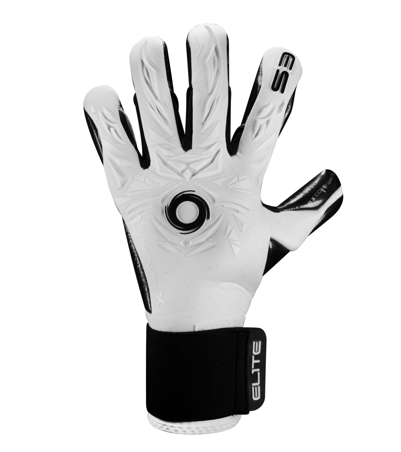 Guantes de portero Elite Sport Revolution X Combi Black en blanco y negro, con palma Ultra GTech Pro de látex alemán de 4 mm, corte Flash X negativo envolvente en dedos clave, dorso rediseñado con goma protectora y textil ventilado, y cierre elástico ajustable. Guantes de portero de futbol profesionales usados por figuras como Thibaut Courtois y Nahuel Guzmán, ideales para condiciones húmedas, césped natural y sintético. Disponibles en UnoKeeper, especialistas en guantes de portero de futbol.