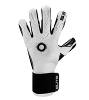 Guantes de portero Elite Sport Revolution X Combi Black en blanco y negro, con palma Ultra GTech Pro de látex alemán de 4 mm, corte Flash X negativo envolvente en dedos clave, dorso rediseñado con goma protectora y textil ventilado, y cierre elástico ajustable. Guantes de portero de futbol profesionales usados por figuras como Thibaut Courtois y Nahuel Guzmán, ideales para condiciones húmedas, césped natural y sintético. Disponibles en UnoKeeper, especialistas en guantes de portero de futbol.