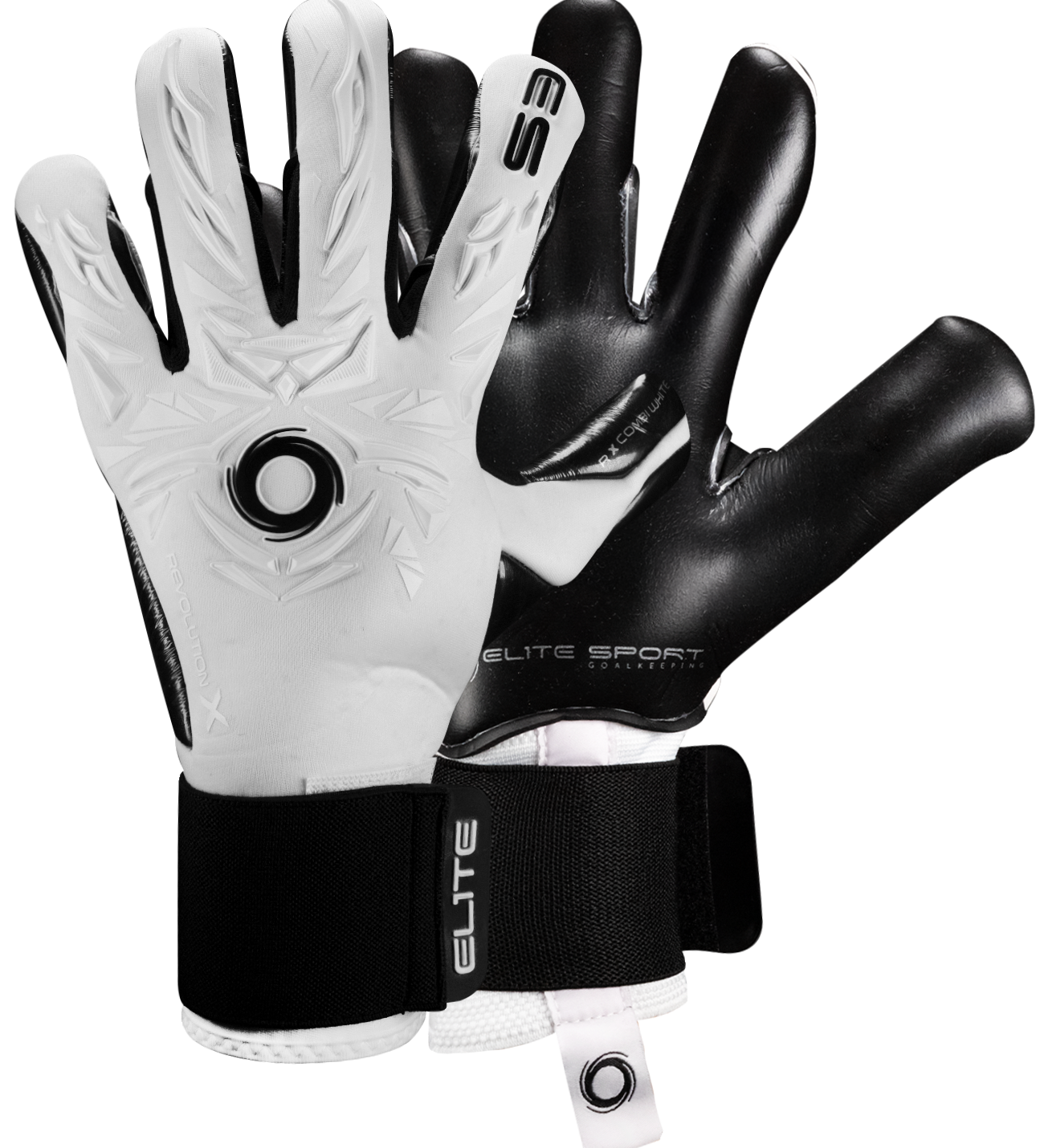 Guantes de portero Elite Sport Revolution X Combi Black en blanco y negro, con palma Ultra GTech Pro de látex alemán de 4 mm, corte Flash X negativo envolvente en dedos clave, dorso rediseñado con goma protectora y textil ventilado, y cierre elástico ajustable. Guantes de portero de futbol profesionales usados por figuras como Thibaut Courtois y Nahuel Guzmán, ideales para condiciones húmedas, césped natural y sintético. Disponibles en UnoKeeper, especialistas en guantes de portero de futbol.