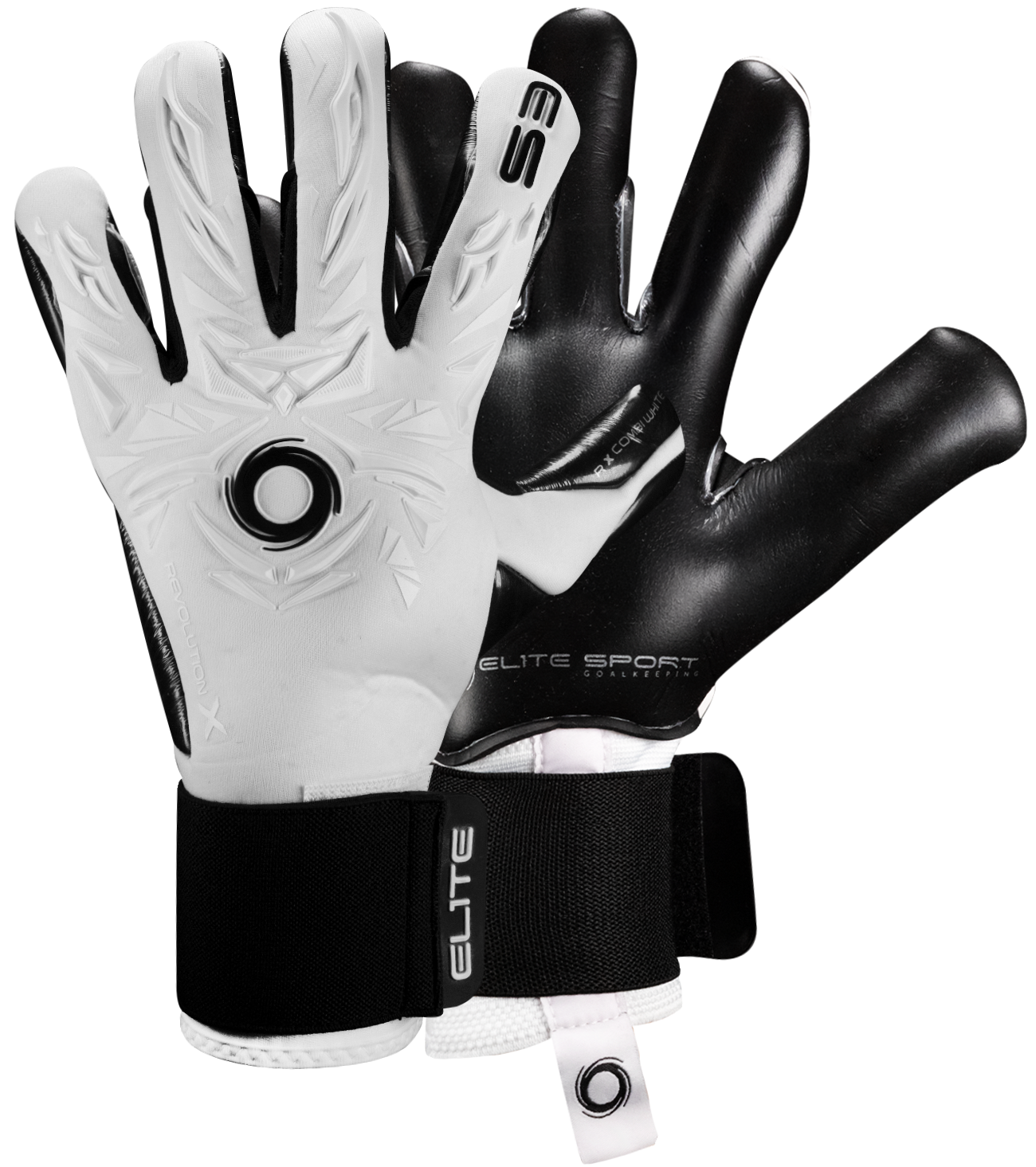 Guantes de portero Elite Sport Revolution X Combi Black en blanco y negro, con palma Ultra GTech Pro de látex alemán de 4 mm, corte Flash X negativo envolvente en dedos clave, dorso rediseñado con goma protectora y textil ventilado, y cierre elástico ajustable. Guantes de portero de futbol profesionales usados por figuras como Thibaut Courtois y Nahuel Guzmán, ideales para condiciones húmedas, césped natural y sintético. Disponibles en UnoKeeper, especialistas en guantes de portero de futbol.