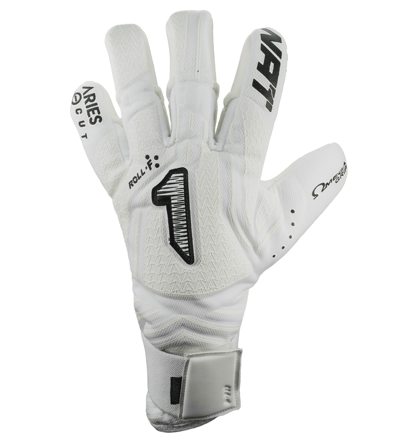 Guantes de portero Aries Nemesis Prime Rinat x UnoKeeper, guantes de portero semiprofesionales para césped natural, dorso con malla textil transpirable y recubrimiento de látex, corte híbrido ErgoRoll con cerrado negativo, palma Omega Grip y HGP NEXT para agarre top y resistencia, ajuste máximo y comodidad, muñequera elástica con cintillo de seguridad, guantes ligeros, todo terreno, protección, control del balón y durabilidad para porteros exigentes en entrenamiento y competencia.
