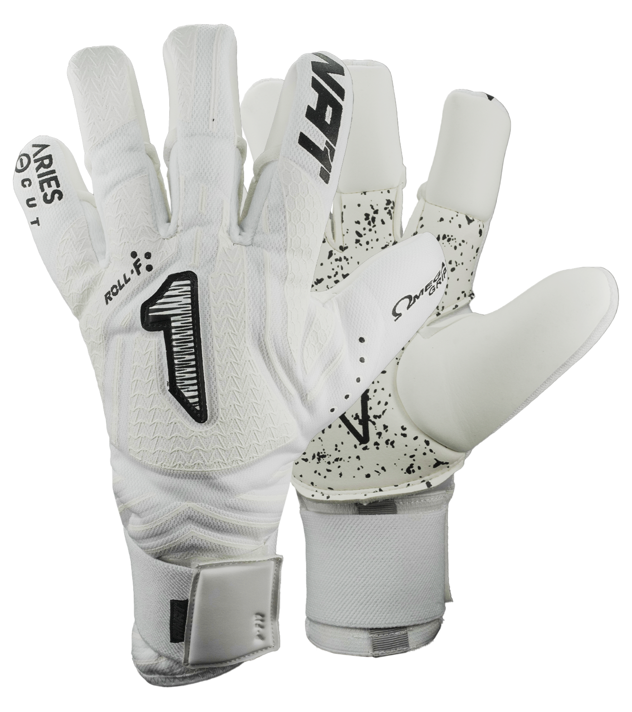 Guantes de portero Aries Nemesis Prime Rinat x UnoKeeper, guantes de portero semiprofesionales para césped natural, dorso con malla textil transpirable y recubrimiento de látex, corte híbrido ErgoRoll con cerrado negativo, palma Omega Grip y HGP NEXT para agarre top y resistencia, ajuste máximo y comodidad, muñequera elástica con cintillo de seguridad, guantes ligeros, todo terreno, protección, control del balón y durabilidad para porteros exigentes en entrenamiento y competencia.