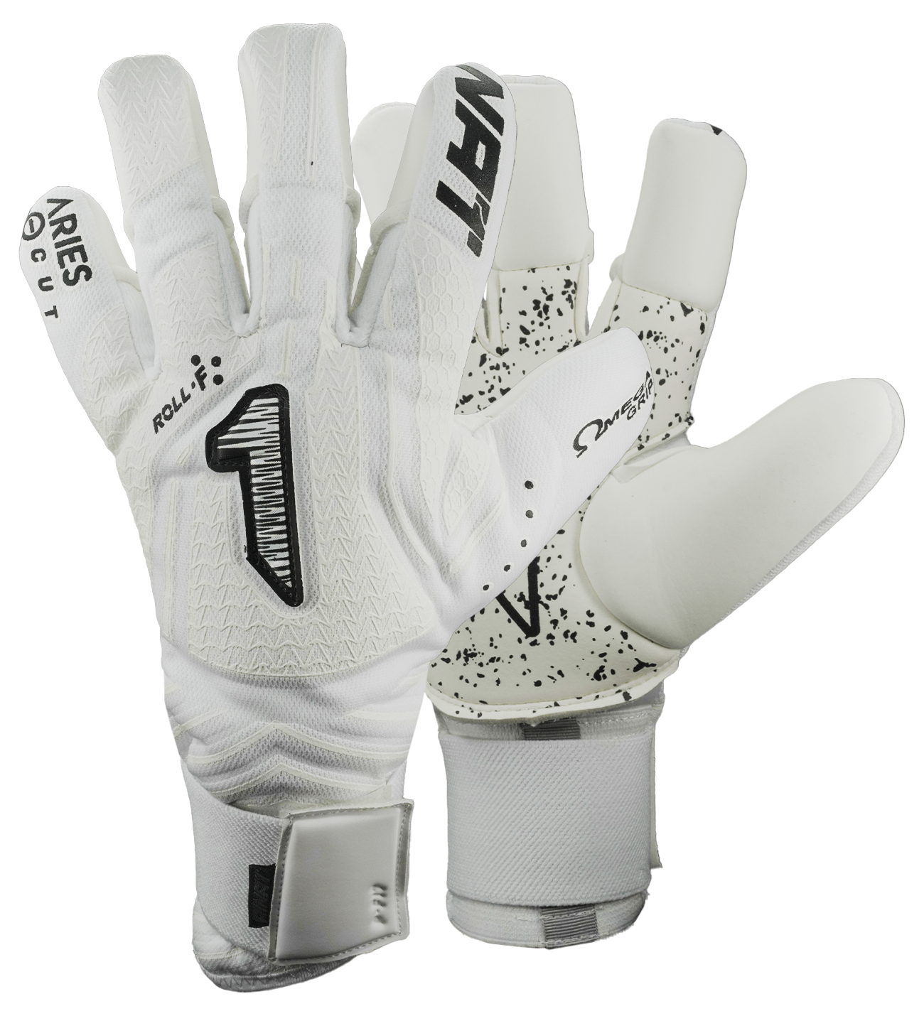 Guantes de portero Aries Nemesis Prime Rinat x UnoKeeper, guantes de portero semiprofesionales para césped natural, dorso con malla textil transpirable y recubrimiento de látex, corte híbrido ErgoRoll con cerrado negativo, palma Omega Grip y HGP NEXT para agarre top y resistencia, ajuste máximo y comodidad, muñequera elástica con cintillo de seguridad, guantes ligeros, todo terreno, protección, control del balón y durabilidad para porteros exigentes en entrenamiento y competencia.