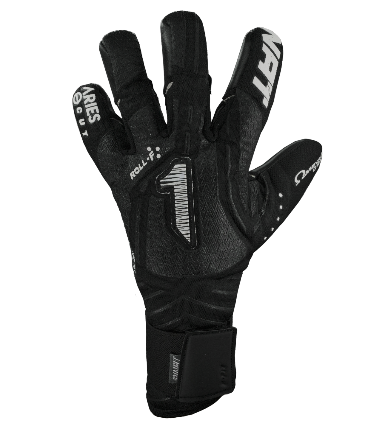 Guantes de portero Aries Nemesis Prime, ligeros y todo terreno, corte híbrido ErgoRoll con cerrado negativo en puntas de dedos, dorso transpirable con látex reforzado, palma Omega Grip y HGP NEXT para agarre superior y resistencia, cierre con muñequera elástica y cintillo de ajuste, rendimiento profesional en césped natural y sintético, comodidad, protección y control total del balón, diseño técnico y duradero para entrenamientos y partidos competitivos.