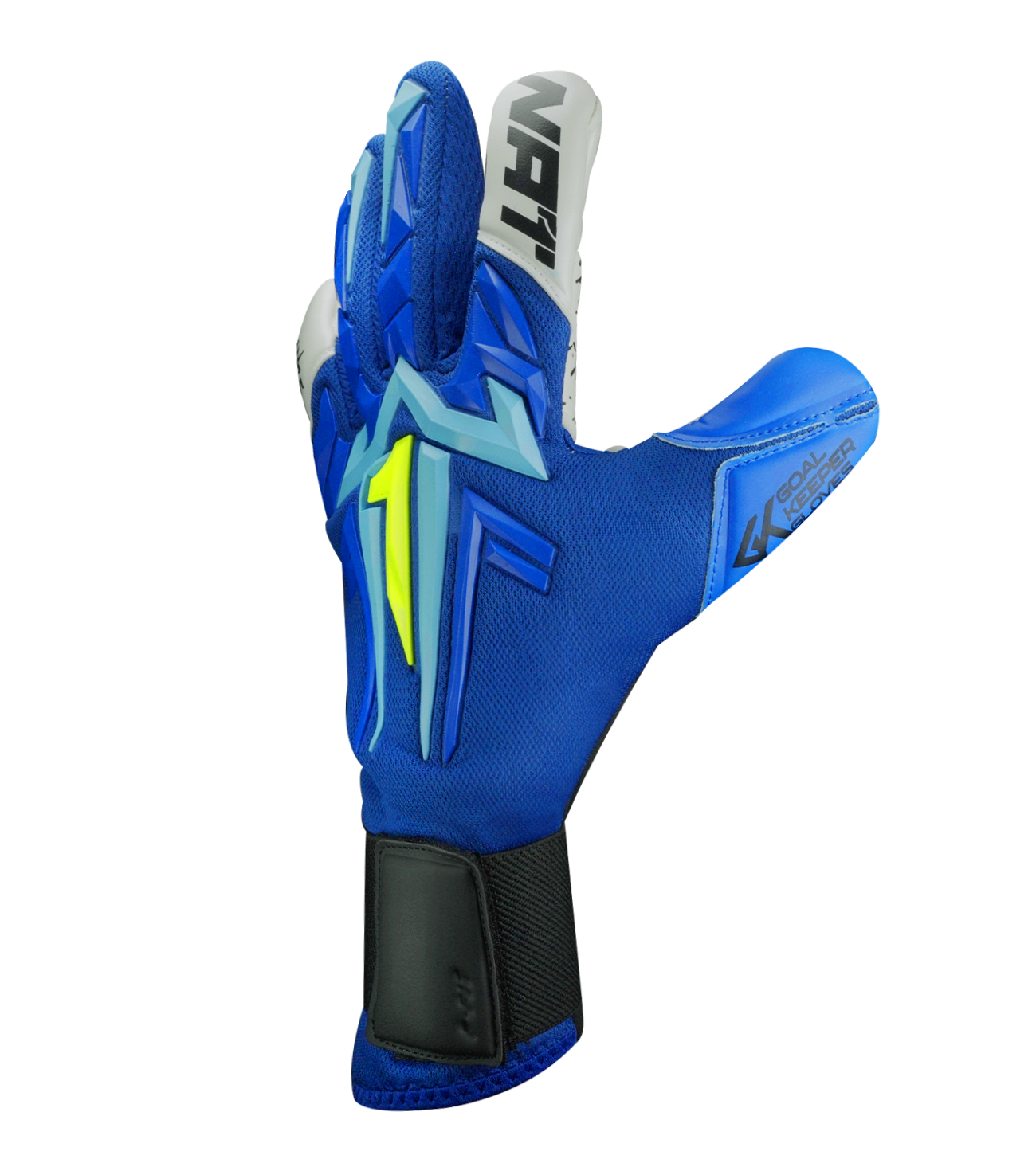 Guantes de portero Aries X PRIME Blue Rinat x UnoKeeper, tercera edición, corte Arrow Cut con rollfinger y extensión de látex angular para máximo grip, dorso con aplicaciones de goma sobre malla transpirable para absorción de impactos y confort, palma AXG® Alemán con agarre superior incluso en lluvia, cierre con muñequera tejida y cintillo de doble anclaje, látex extendido para mayor superficie de contacto, control, durabilidad y protección para porteros de alto nivel.