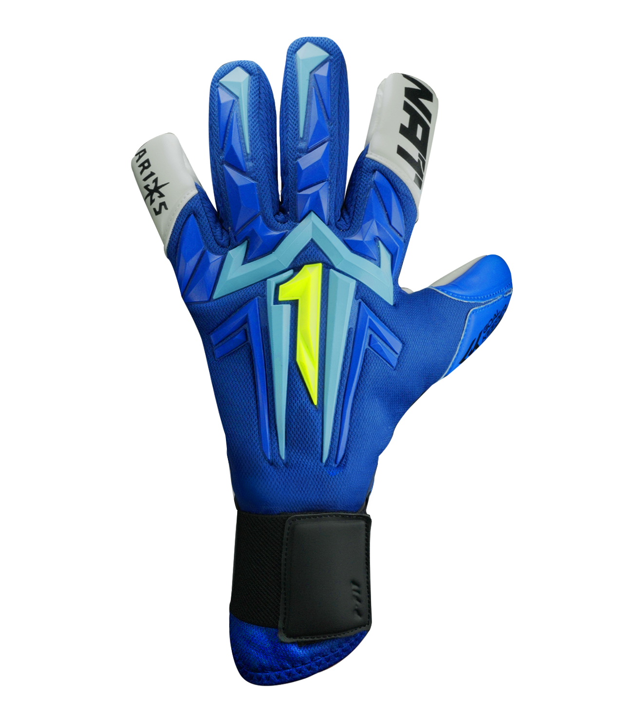 Guantes de portero Aries X PRIME Blue Rinat x UnoKeeper, tercera edición, corte Arrow Cut con rollfinger y extensión de látex angular para máximo grip, dorso con aplicaciones de goma sobre malla transpirable para absorción de impactos y confort, palma AXG® Alemán con agarre superior incluso en lluvia, cierre con muñequera tejida y cintillo de doble anclaje, látex extendido para mayor superficie de contacto, control, durabilidad y protección para porteros de alto nivel.