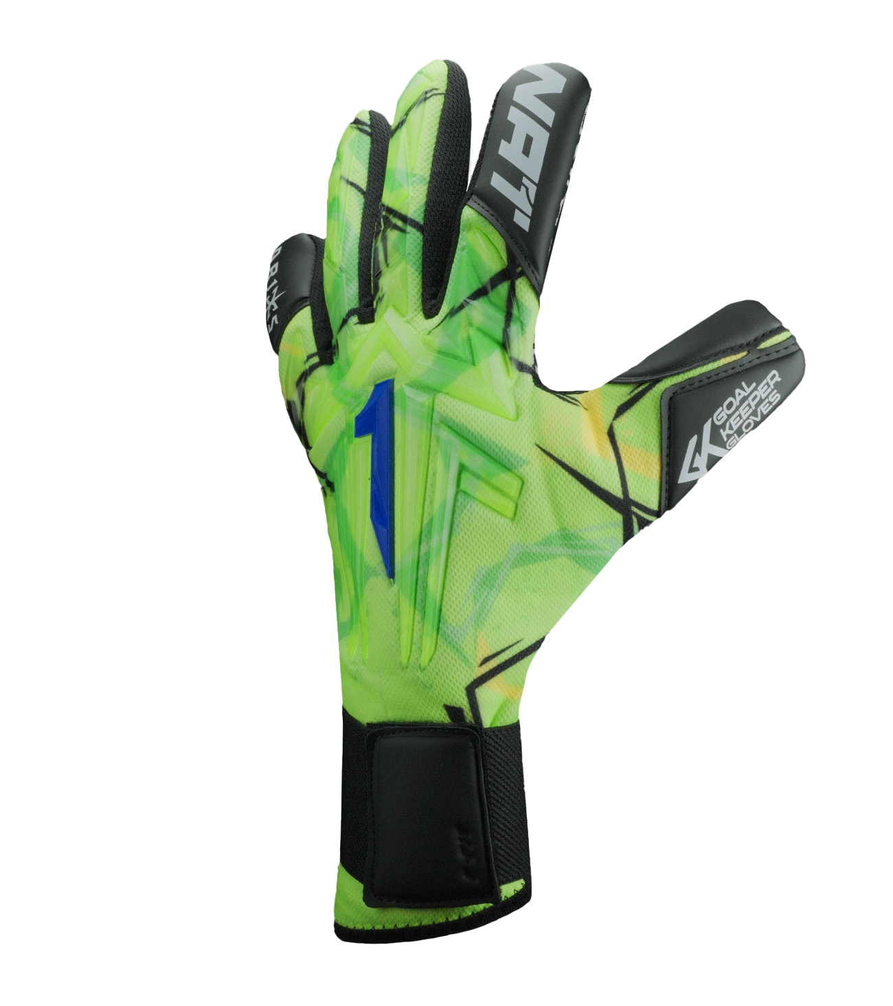 Guantes de portero Aries X Prime Blue Rinat x UnoKeeper, tercera generación de un modelo icónico, corte Arrow Cut para ajuste anatómico y mayor agarre, dorso con paneles de goma para absorción de impactos sobre malla textil transpirable, palma AXG® Alemán de alto rendimiento con grip superior en mojado, cierre con muñequera tejida y cintillo de doble anclaje, látex extendido para mayor superficie de contacto, control, protección, durabilidad y comodidad para porteros de alto nivel.