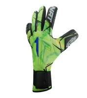 Guantes de portero Aries X Prime Blue Rinat x UnoKeeper, tercera generación de un modelo icónico, corte Arrow Cut para ajuste anatómico y mayor agarre, dorso con paneles de goma para absorción de impactos sobre malla textil transpirable, palma AXG® Alemán de alto rendimiento con grip superior en mojado, cierre con muñequera tejida y cintillo de doble anclaje, látex extendido para mayor superficie de contacto, control, protección, durabilidad y comodidad para porteros de alto nivel.