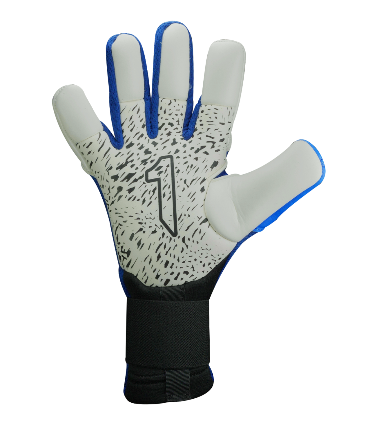 Guantes de portero Aries X PRIME Blue Rinat x UnoKeeper, tercera edición, corte Arrow Cut con rollfinger y extensión de látex angular para máximo grip, dorso con aplicaciones de goma sobre malla transpirable para absorción de impactos y confort, palma AXG® Alemán con agarre superior incluso en lluvia, cierre con muñequera tejida y cintillo de doble anclaje, látex extendido para mayor superficie de contacto, control, durabilidad y protección para porteros de alto nivel.