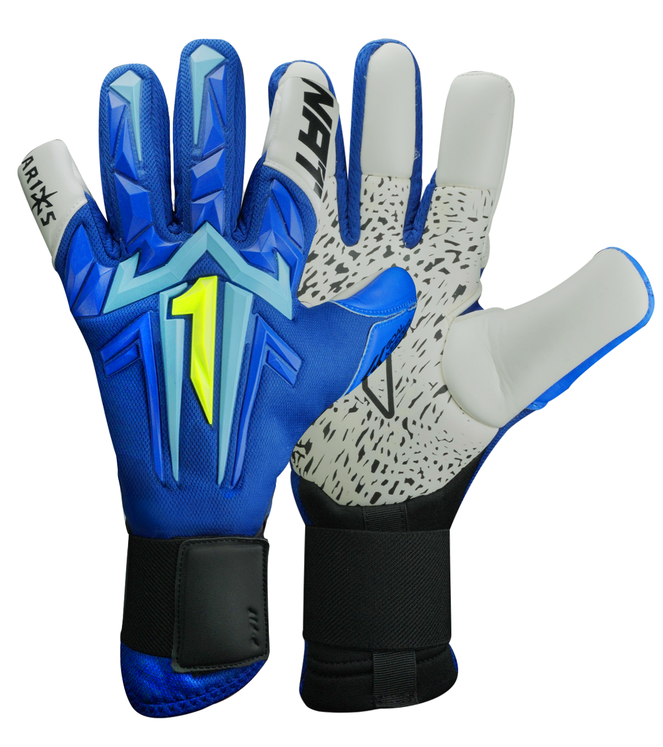 Guantes de portero Aries X PRIME Blue Rinat x UnoKeeper, tercera edición, corte Arrow Cut con rollfinger y extensión de látex angular para máximo grip, dorso con aplicaciones de goma sobre malla transpirable para absorción de impactos y confort, palma AXG® Alemán con agarre superior incluso en lluvia, cierre con muñequera tejida y cintillo de doble anclaje, látex extendido para mayor superficie de contacto, control, durabilidad y protección para porteros de alto nivel.