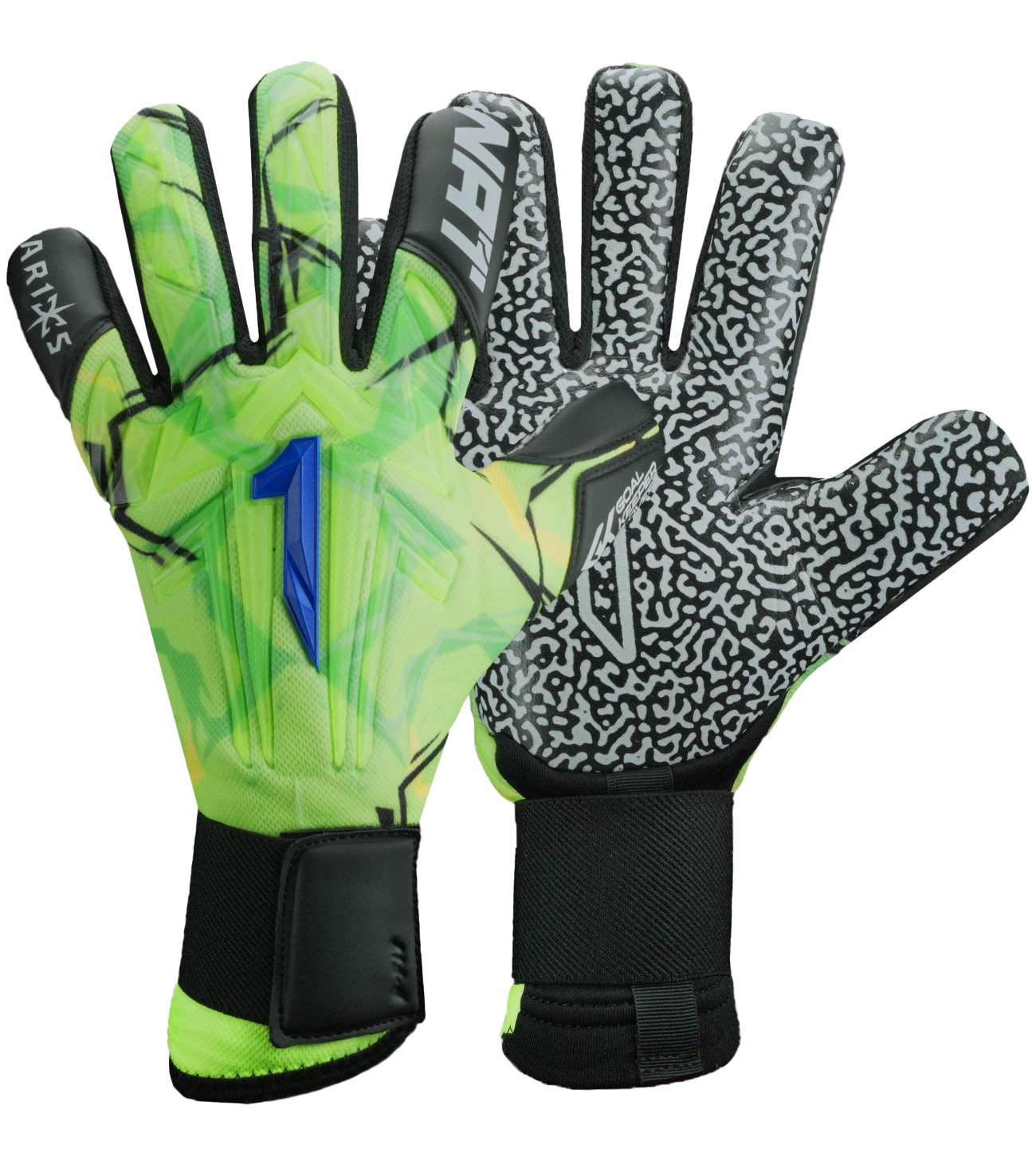 Guantes de portero Aries X Prime Blue Rinat x UnoKeeper, tercera generación de un modelo icónico, corte Arrow Cut para ajuste anatómico y mayor agarre, dorso con paneles de goma para absorción de impactos sobre malla textil transpirable, palma AXG® Alemán de alto rendimiento con grip superior en mojado, cierre con muñequera tejida y cintillo de doble anclaje, látex extendido para mayor superficie de contacto, control, protección, durabilidad y comodidad para porteros de alto nivel.
