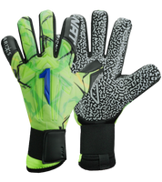 Guantes de portero Aries X Prime Blue Rinat x UnoKeeper, tercera generación de un modelo icónico, corte Arrow Cut para ajuste anatómico y mayor agarre, dorso con paneles de goma para absorción de impactos sobre malla textil transpirable, palma AXG® Alemán de alto rendimiento con grip superior en mojado, cierre con muñequera tejida y cintillo de doble anclaje, látex extendido para mayor superficie de contacto, control, protección, durabilidad y comodidad para porteros de alto nivel.