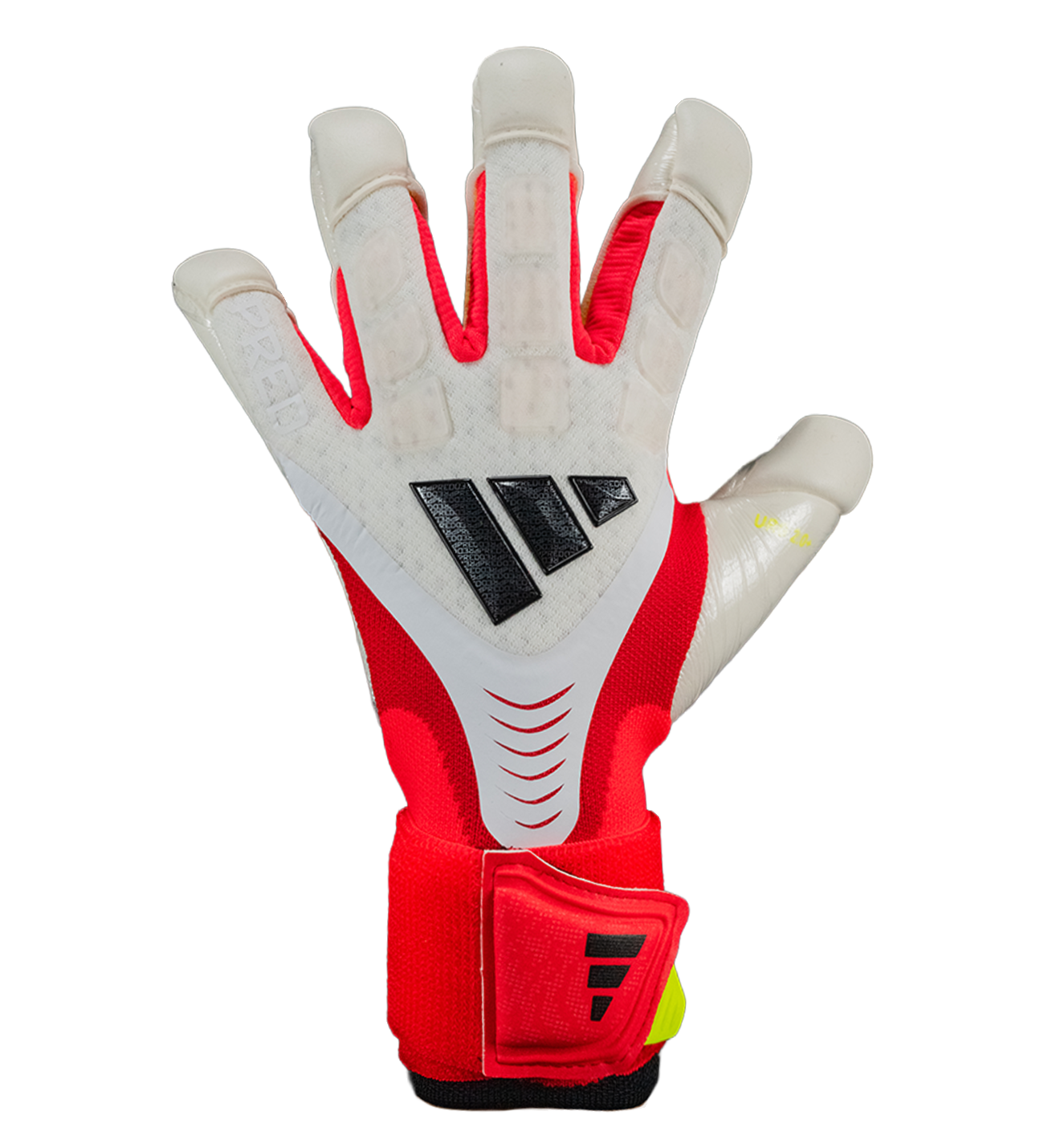 Guantes de portero Adidas Predator GL Pro Hybrid Strap con tecnología URG 2.0+, diseño híbrido FusionMesh transpirable, correa elástica para ajuste seguro y TipGrip que mejora el control del balón, ideales para porteros que buscan agarre profesional, protección y máximo rendimiento en cualquier condición.