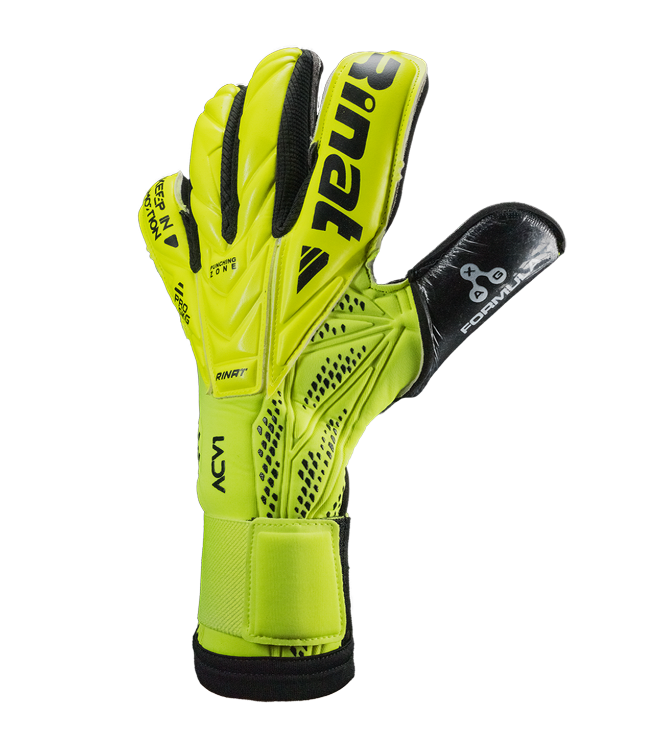 Guantes de portero Rinat ACV1 Pro edición Carlos Acevedo para fútbol profesional y alto rendimiento; guantes de arquero con palma AXG de agarre superior y gran durabilidad, palma extendida con aplicaciones de gel para mayor contacto con el balón, corte híbrido negativo y rollfinger con pulgar envuelto para ajuste preciso y control total. Dorso semi armado que equilibra protección y ligereza, cierre con muñequera elástica y broche removible para ajuste personalizado. Diseñados para porteros competitivos en c