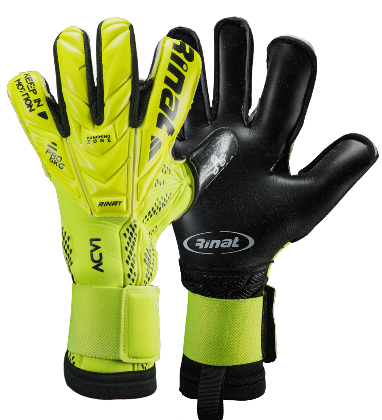 Guantes de portero Rinat ACV1 Pro edición Carlos Acevedo para fútbol profesional y alto rendimiento; guantes de arquero con palma AXG de agarre superior y gran durabilidad, palma extendida con aplicaciones de gel para mayor contacto con el balón, corte híbrido negativo y rollfinger con pulgar envuelto para ajuste preciso y control total. Dorso semi armado que equilibra protección y ligereza, cierre con muñequera elástica y broche removible para ajuste personalizado. Diseñados para porteros competitivos en c