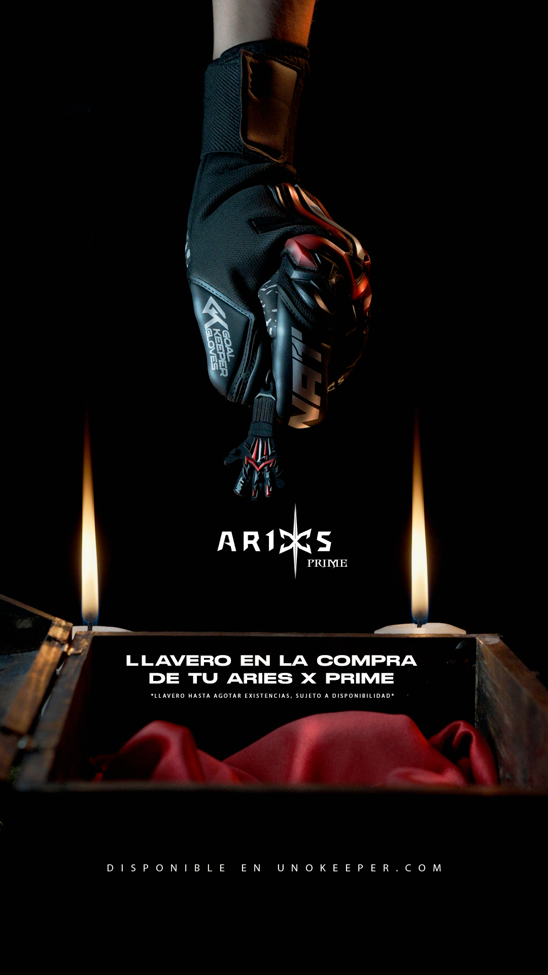 Guantes de portero Rinat Aries X PRIME Red tercera edición para fútbol profesional y alto rendimiento; guantes de arquero con palma alemana AXG® de agarre superior en condiciones secas y húmedas, corte Arrow Cut anatómico con zonas extra de contacto y control del balón, dorso transpirable con protección de impacto y ajuste firme con muñequera tejida y doble cintillo. Diseño exclusivo Rinat + UnoKeeper para porteros competitivos que buscan precisión, comodidad y máxima seguridad en césped natural y sintético