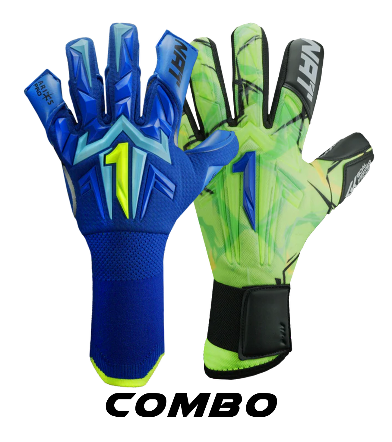 Guantes de portero Rinat Fiera TR Pro verde blanco para fútbol profesional; guantes de arquero con látex TRAXION de alto rendimiento, agarre confiable en seco y húmedo, buena amortiguación y palma extendida para mayor contacto con el balón. Corte EVO híbrido ergonómico con wrapped thumb, punching zone protectora, dorso transpirable y ajuste seguro con muñequera elástica y cintillo doble, ideales para porteros competitivos en césped natural y sintético.