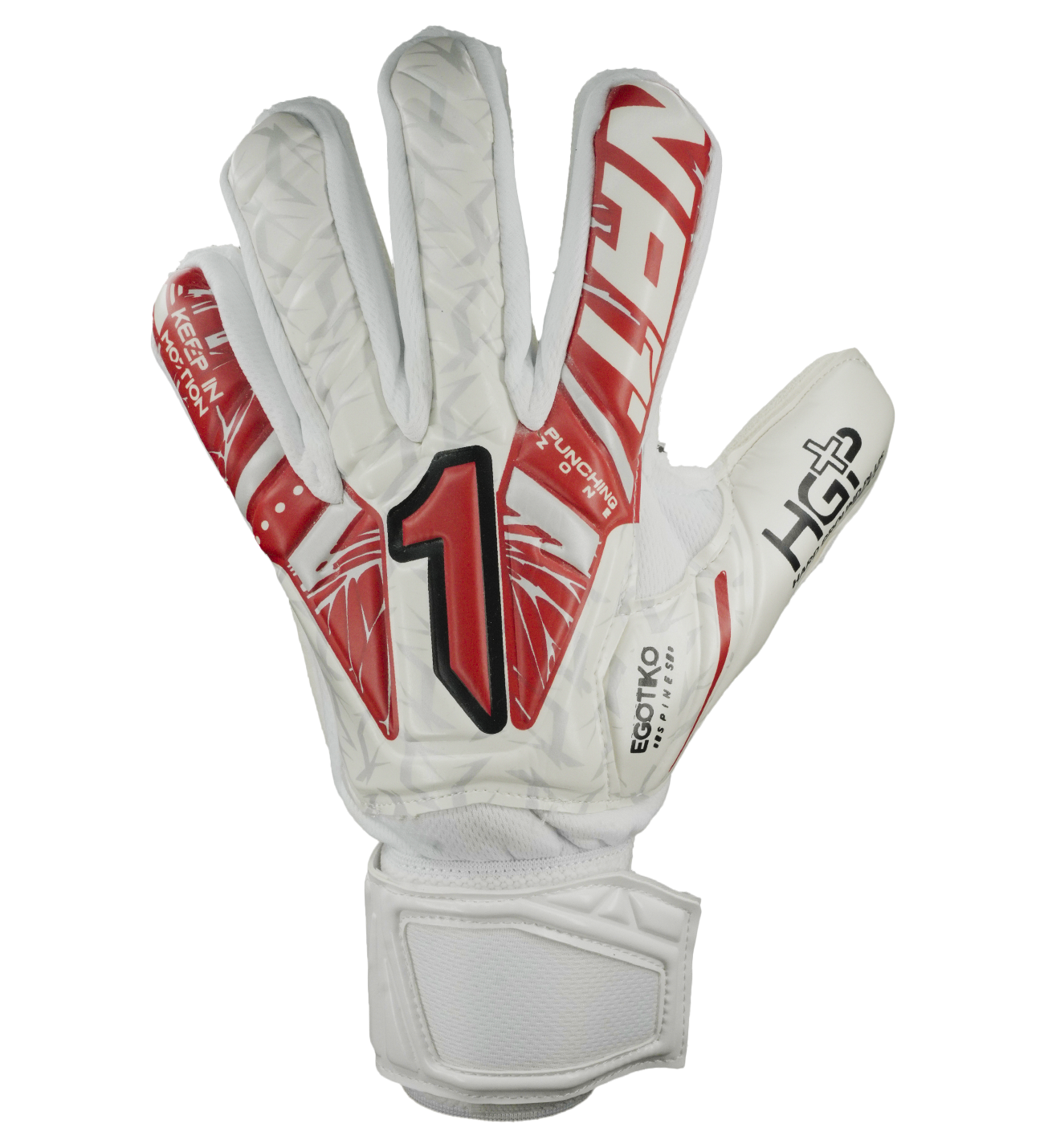 Guantes de portero Rinat Vengador Spine Turf blanco para fútbol y entrenamiento en superficies abrasivas; guantes de arquero con palma HG+ Next de gran durabilidad y buen agarre, corte ergonómico para ajuste natural y mayor comodidad. Sistema SPINES con varillas de protección en los dedos para prevenir lesiones, ajuste seguro con muñequera elástica y cintillo doble. Guantes ideales para porteros que buscan resistencia, protección y rendimiento en canchas de pasto sintético o terreno duro.