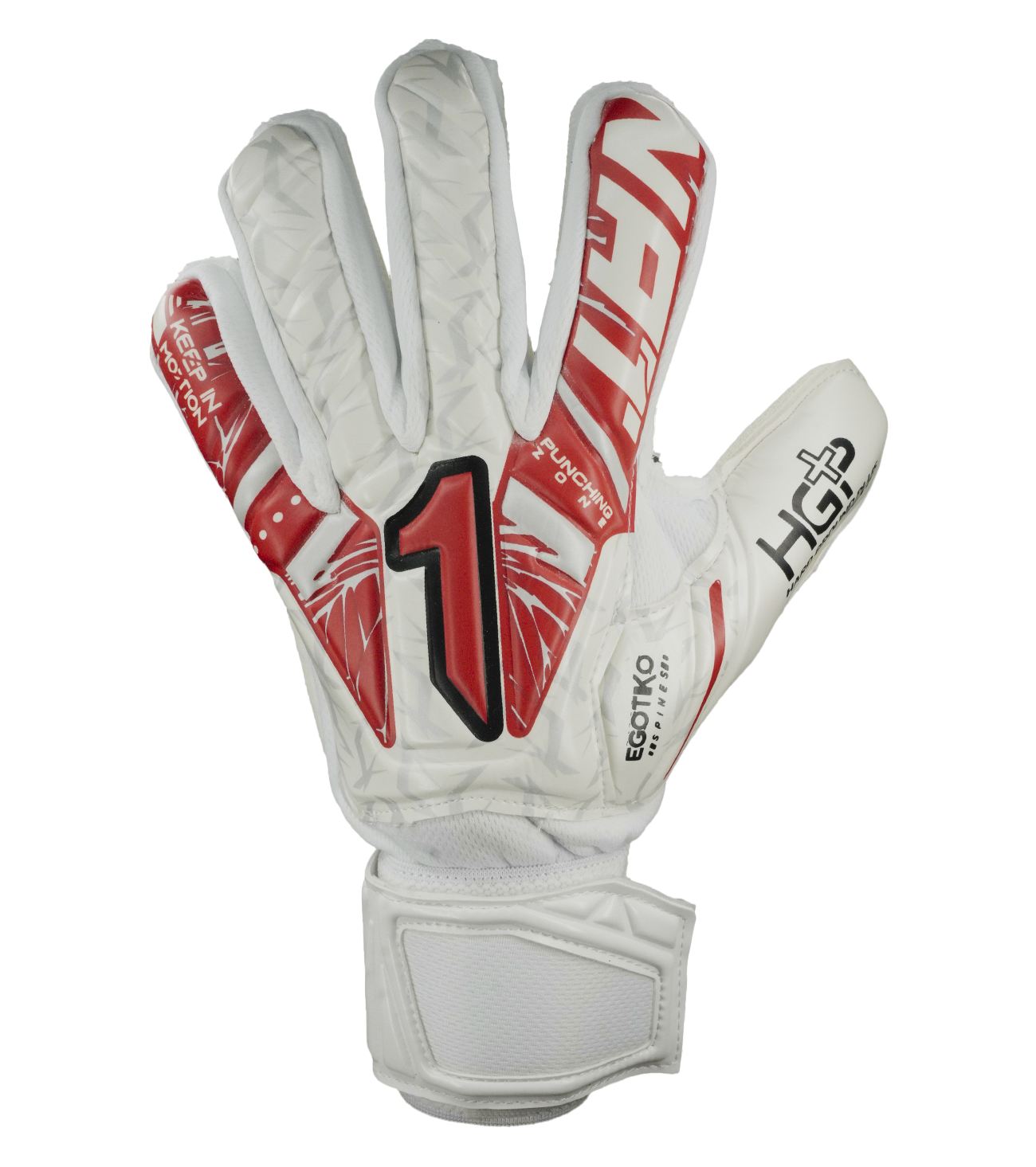 Guantes de portero Rinat Vengador Spine Turf blanco para fútbol y entrenamiento en superficies abrasivas; guantes de arquero con palma HG+ Next de gran durabilidad y buen agarre, corte ergonómico para ajuste natural y mayor comodidad. Sistema SPINES con varillas de protección en los dedos para prevenir lesiones, ajuste seguro con muñequera elástica y cintillo doble. Guantes ideales para porteros que buscan resistencia, protección y rendimiento en canchas de pasto sintético o terreno duro.