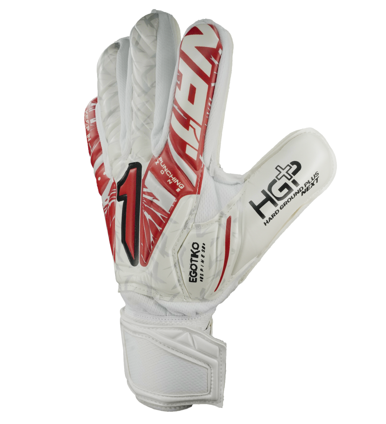 Guantes de portero Rinat Vengador Spine Turf blanco para fútbol y entrenamiento en superficies abrasivas; guantes de arquero con palma HG+ Next de gran durabilidad y buen agarre, corte ergonómico para ajuste natural y mayor comodidad. Sistema SPINES con varillas de protección en los dedos para prevenir lesiones, ajuste seguro con muñequera elástica y cintillo doble. Guantes ideales para porteros que buscan resistencia, protección y rendimiento en canchas de pasto sintético o terreno duro.