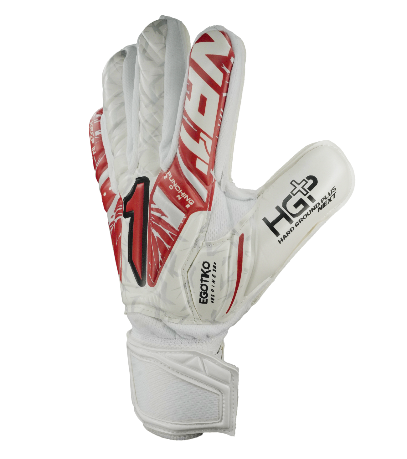 Guantes de portero Rinat Vengador Spine Turf blanco para fútbol y entrenamiento en superficies abrasivas; guantes de arquero con palma HG+ Next de gran durabilidad y buen agarre, corte ergonómico para ajuste natural y mayor comodidad. Sistema SPINES con varillas de protección en los dedos para prevenir lesiones, ajuste seguro con muñequera elástica y cintillo doble. Guantes ideales para porteros que buscan resistencia, protección y rendimiento en canchas de pasto sintético o terreno duro.
