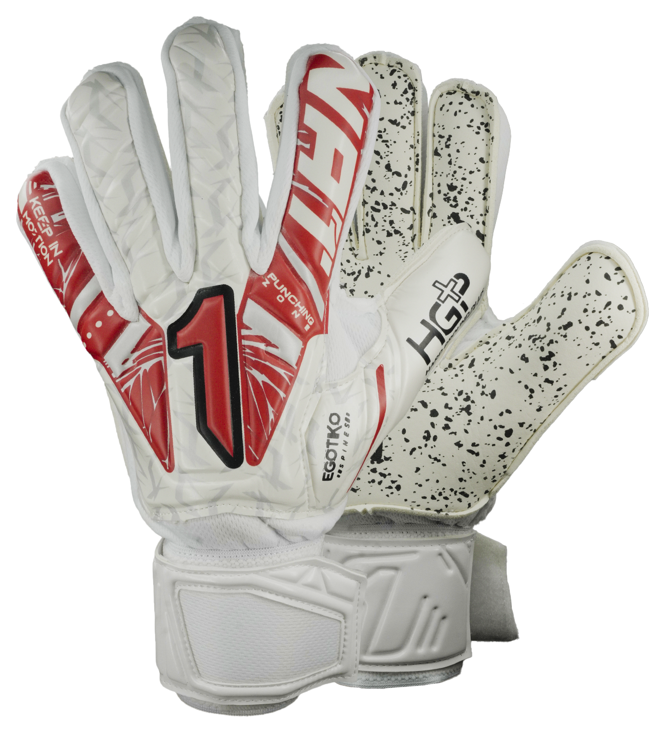 Guantes de portero Rinat Vengador Spine Turf blanco para fútbol y entrenamiento en superficies abrasivas; guantes de arquero con palma HG+ Next de gran durabilidad y buen agarre, corte ergonómico para ajuste natural y mayor comodidad. Sistema SPINES con varillas de protección en los dedos para prevenir lesiones, ajuste seguro con muñequera elástica y cintillo doble. Guantes ideales para porteros que buscan resistencia, protección y rendimiento en canchas de pasto sintético o terreno duro.