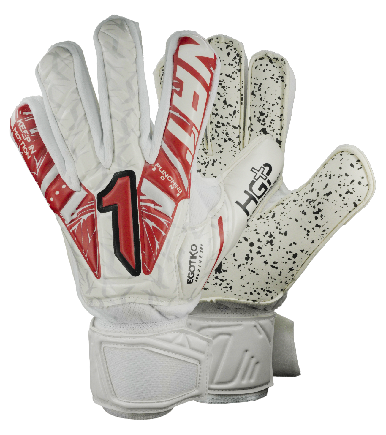Guantes de portero Rinat Vengador Spine Turf blanco para fútbol y entrenamiento en superficies abrasivas; guantes de arquero con palma HG+ Next de gran durabilidad y buen agarre, corte ergonómico para ajuste natural y mayor comodidad. Sistema SPINES con varillas de protección en los dedos para prevenir lesiones, ajuste seguro con muñequera elástica y cintillo doble. Guantes ideales para porteros que buscan resistencia, protección y rendimiento en canchas de pasto sintético o terreno duro.