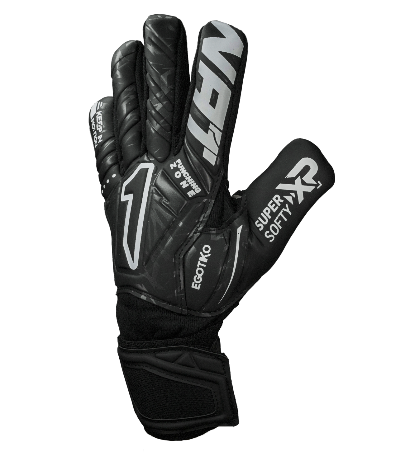 Guantes de portero Egotiko Vengador Prime Negro diseñados para entrenamientos y uso constante, con palma Super Softy XP que ofrece buen agarre y durabilidad, corte negativo ergonómico para mayor ajuste y sensibilidad, dorso transpirable con látex sintético y cierre elástico con doble cintillo que brinda estabilidad y comodidad durante el juego.