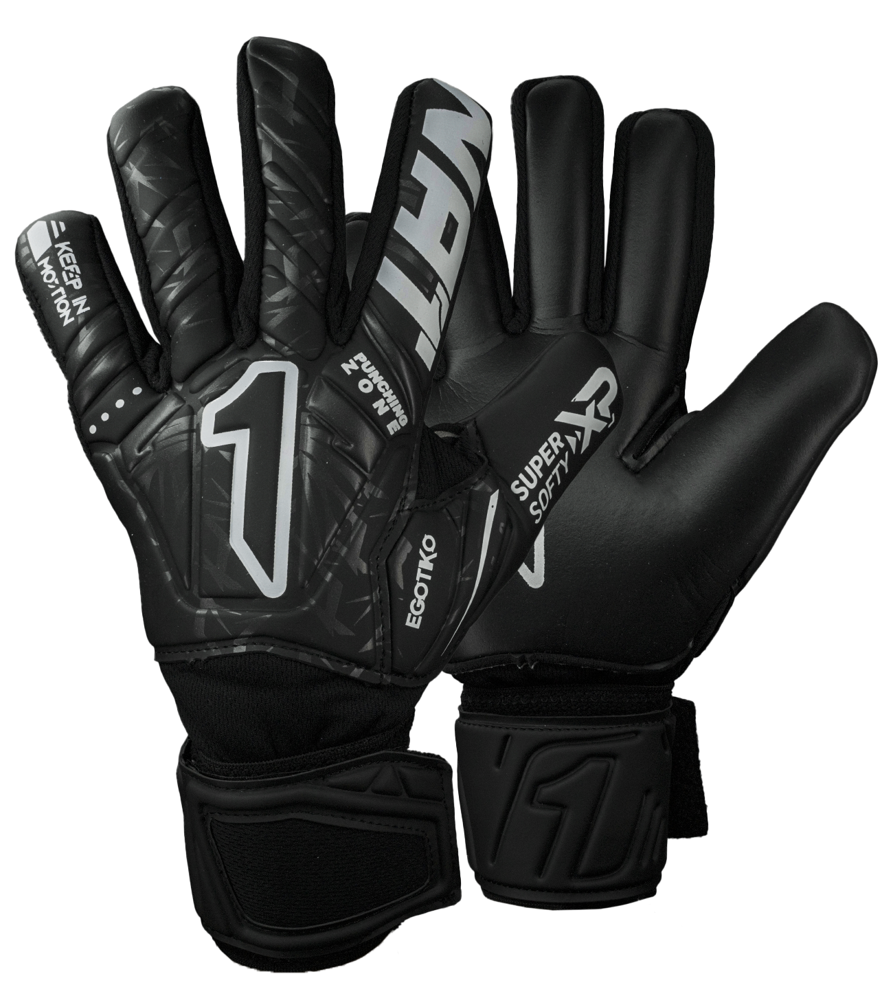Guantes de portero Egotiko Vengador Prime Negro diseñados para entrenamientos y uso constante, con palma Super Softy XP que ofrece buen agarre y durabilidad, corte negativo ergonómico para mayor ajuste y sensibilidad, dorso transpirable con látex sintético y cierre elástico con doble cintillo que brinda estabilidad y comodidad durante el juego.