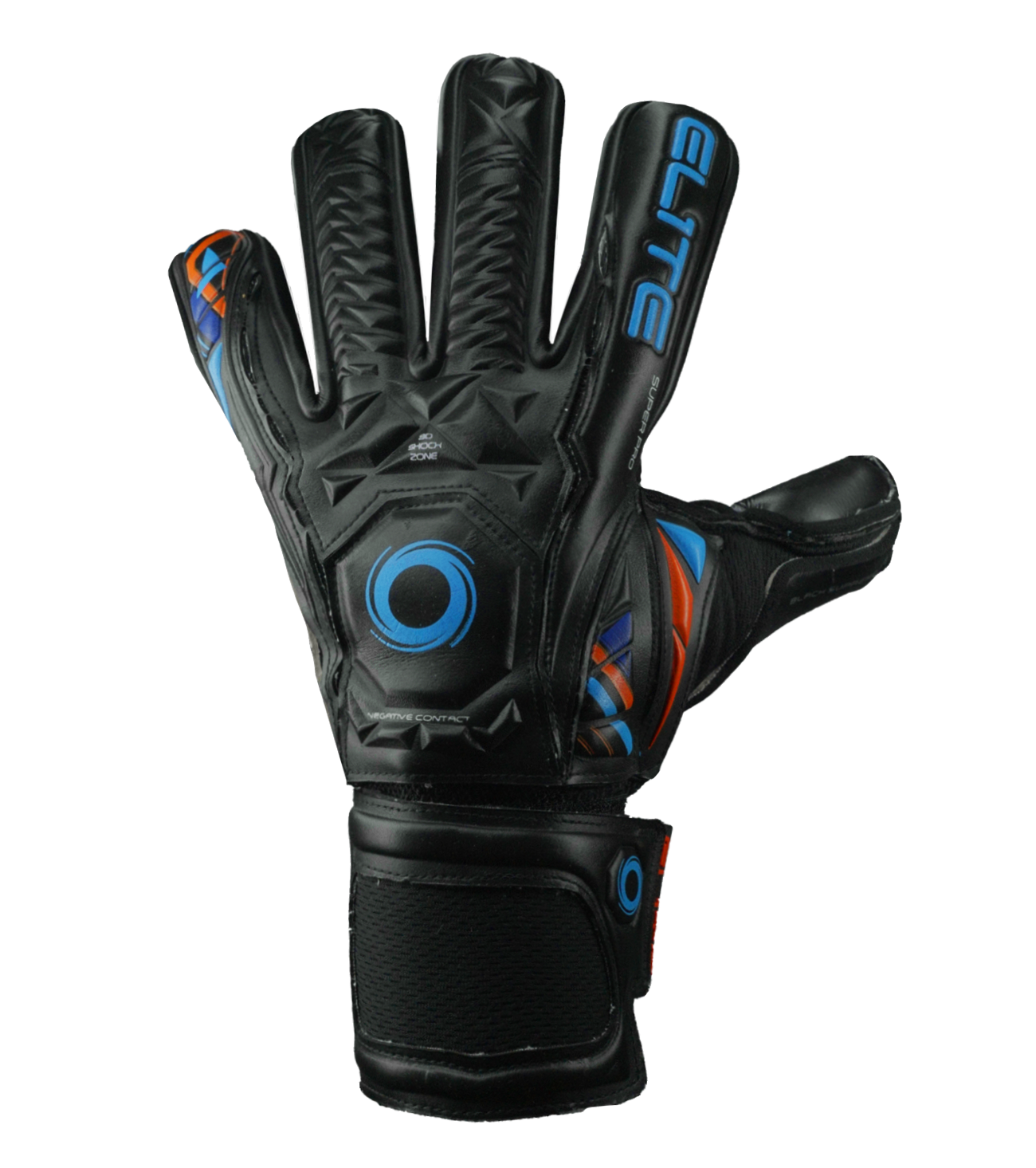 Guantes de portero de fútbol Elite Supreme N Black, con palma Ultra GTech de 4 mm para máximo agarre, corte negativo ceñido, dorso con 3D Shock Zone y cierre elástico seguro. Disponibles en UnoKeeper.