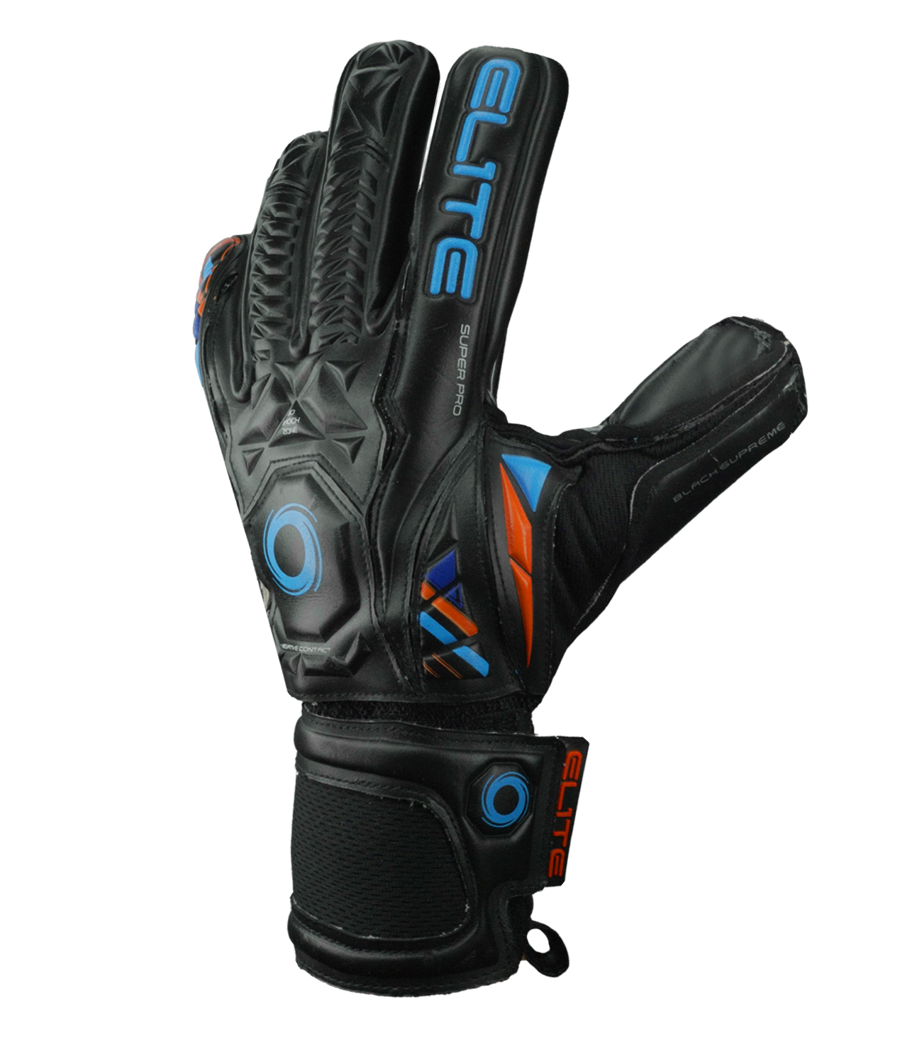 Guantes de portero de fútbol Elite Supreme N Black, con palma Ultra GTech de 4 mm para máximo agarre, corte negativo ceñido, dorso con 3D Shock Zone y cierre elástico seguro. Disponibles en UnoKeeper.