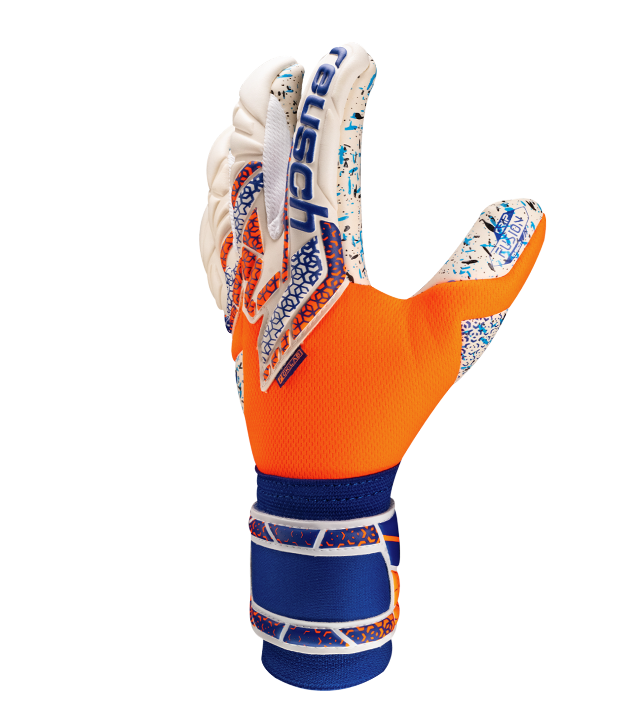 Guantes de portero de futbol  Attrakt Fusion naranja blanco de Reusch con palma de látex profesional, tecnología Grip Fusion para agarre superior, corte Evolution Negative ergonómico y sistema AirVentSystem de ventilación unokeeper.
