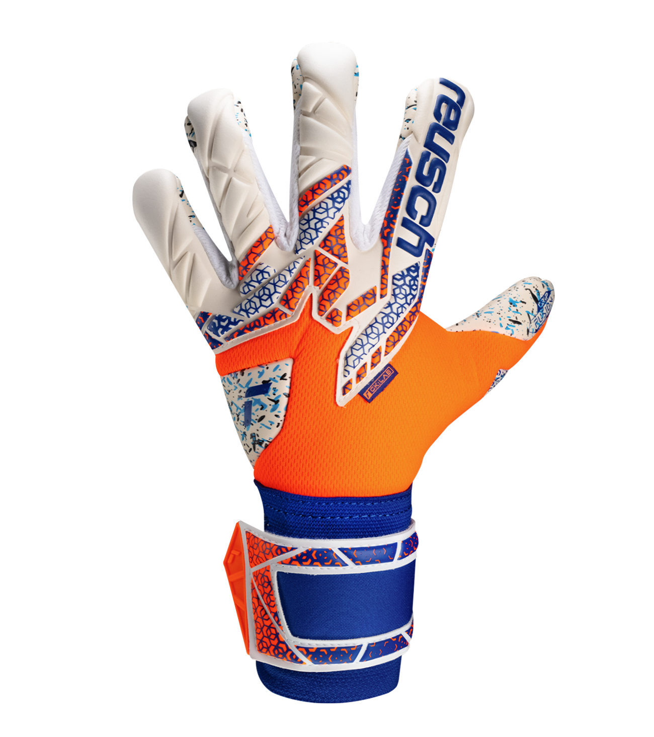 Guantes de portero de futbol  Attrakt Fusion naranja blanco de Reusch con palma de látex profesional, tecnología Grip Fusion para agarre superior, corte Evolution Negative ergonómico y sistema AirVentSystem de ventilación unokeeper.